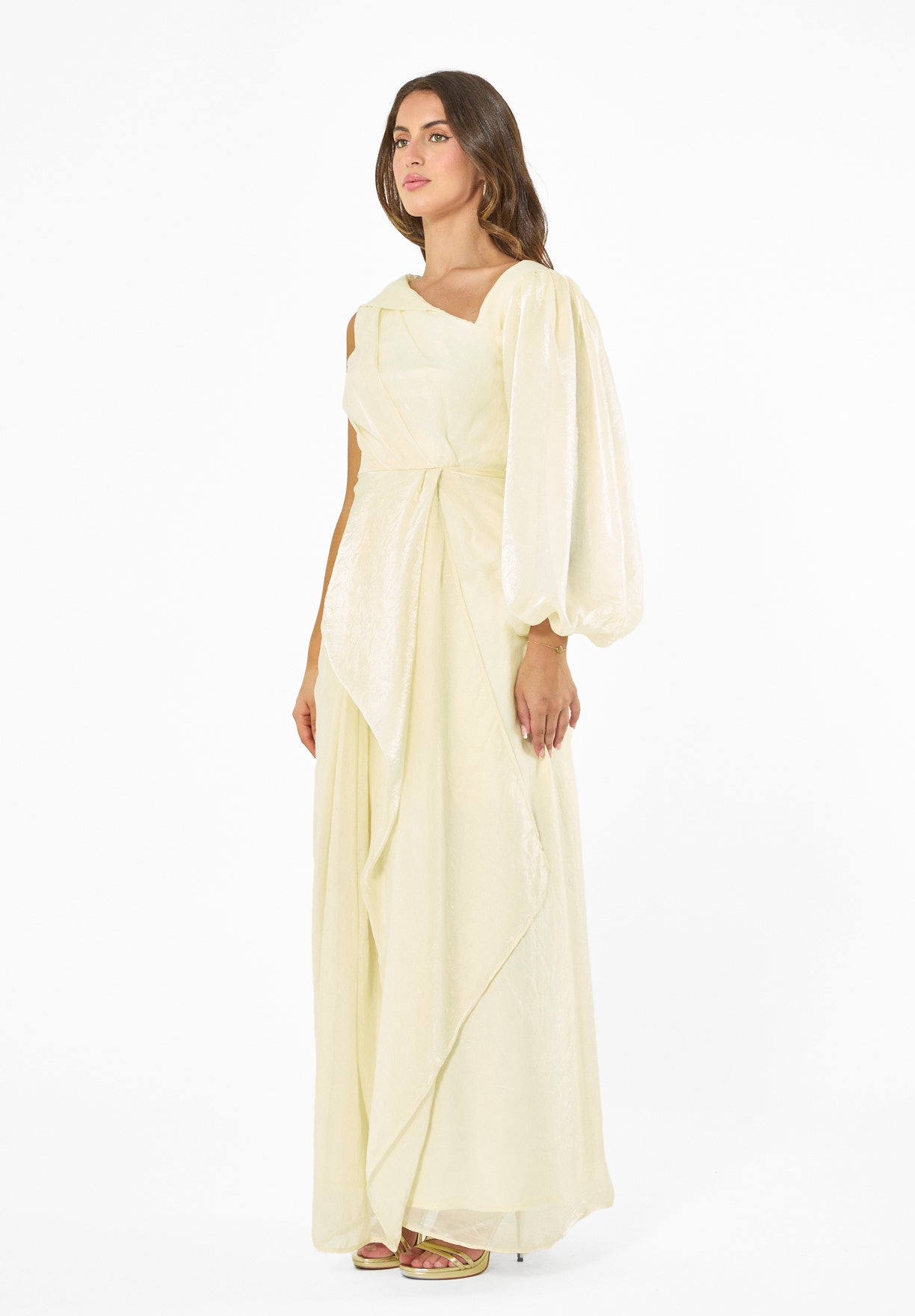 Asymmetric Draped Satin-Finish Evening Gown