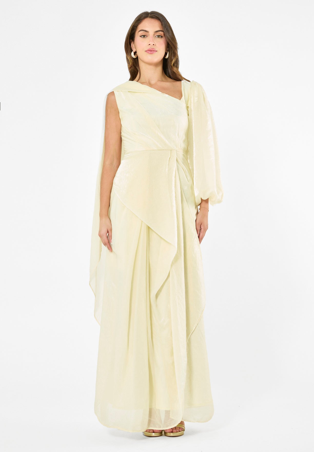 Asymmetric Draped Satin-Finish Evening Gown
