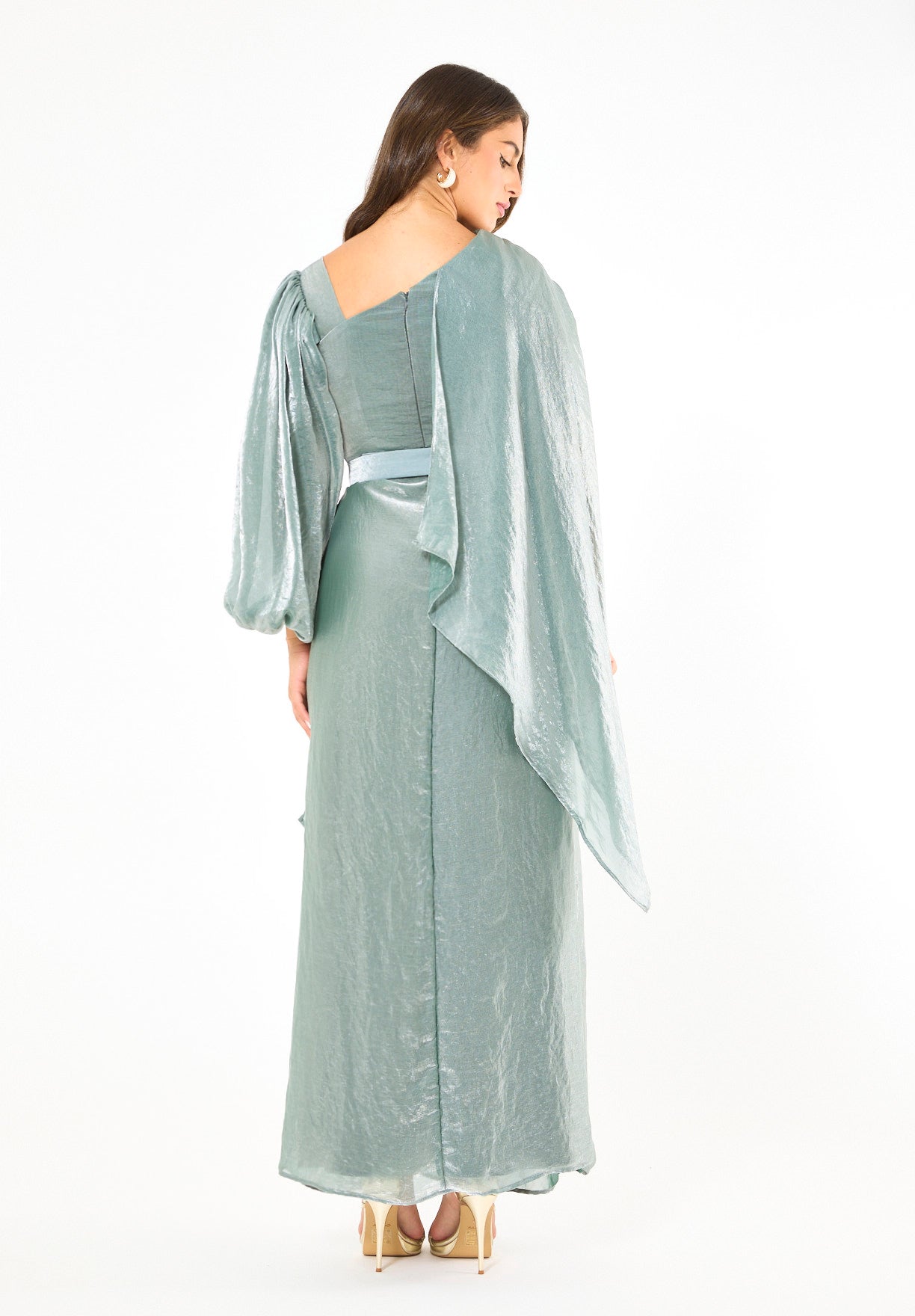 Asymmetric Draped Satin-Finish Evening Gown