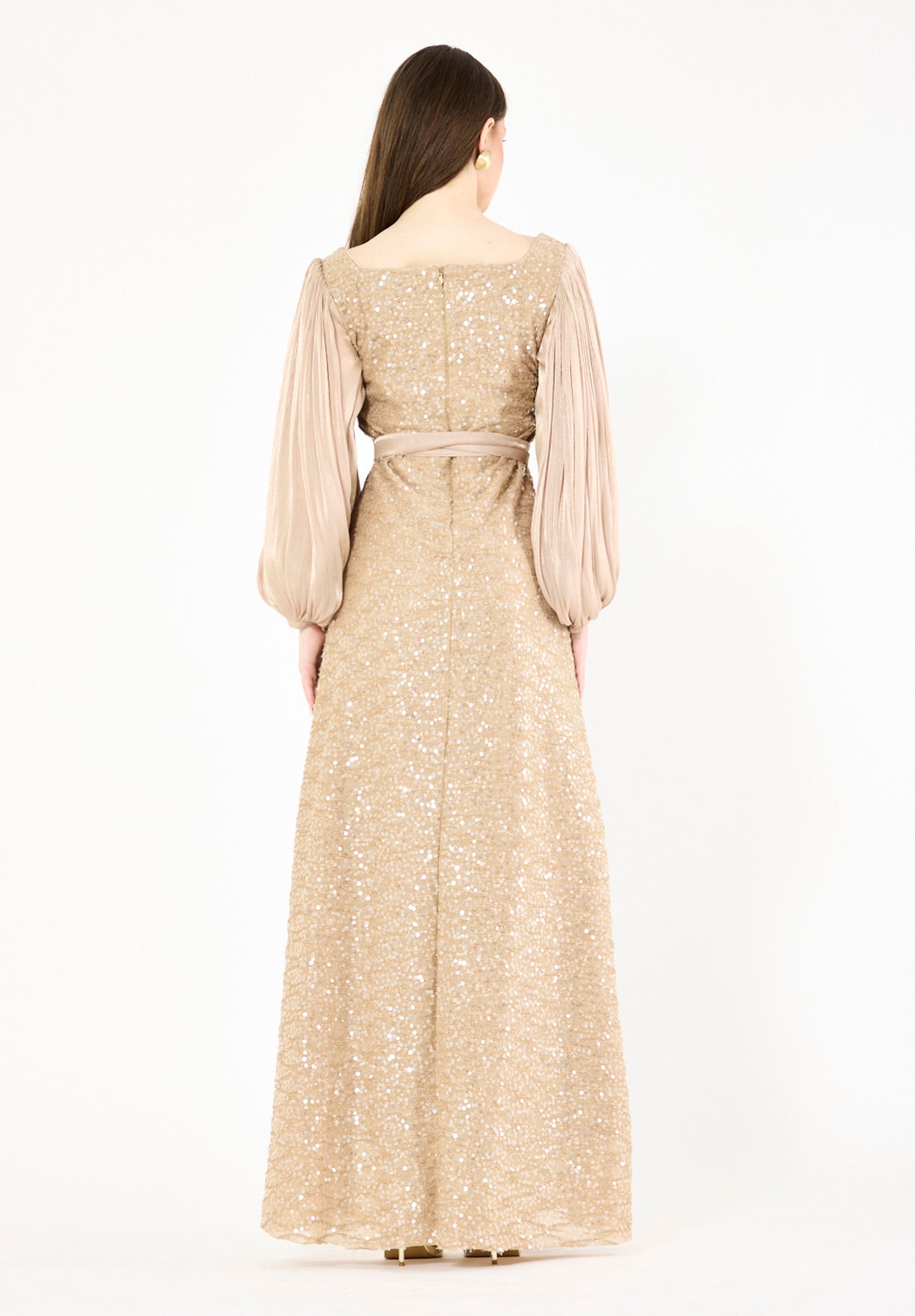 Shimmer Sequin Gown with Pleated Organza Sleeves