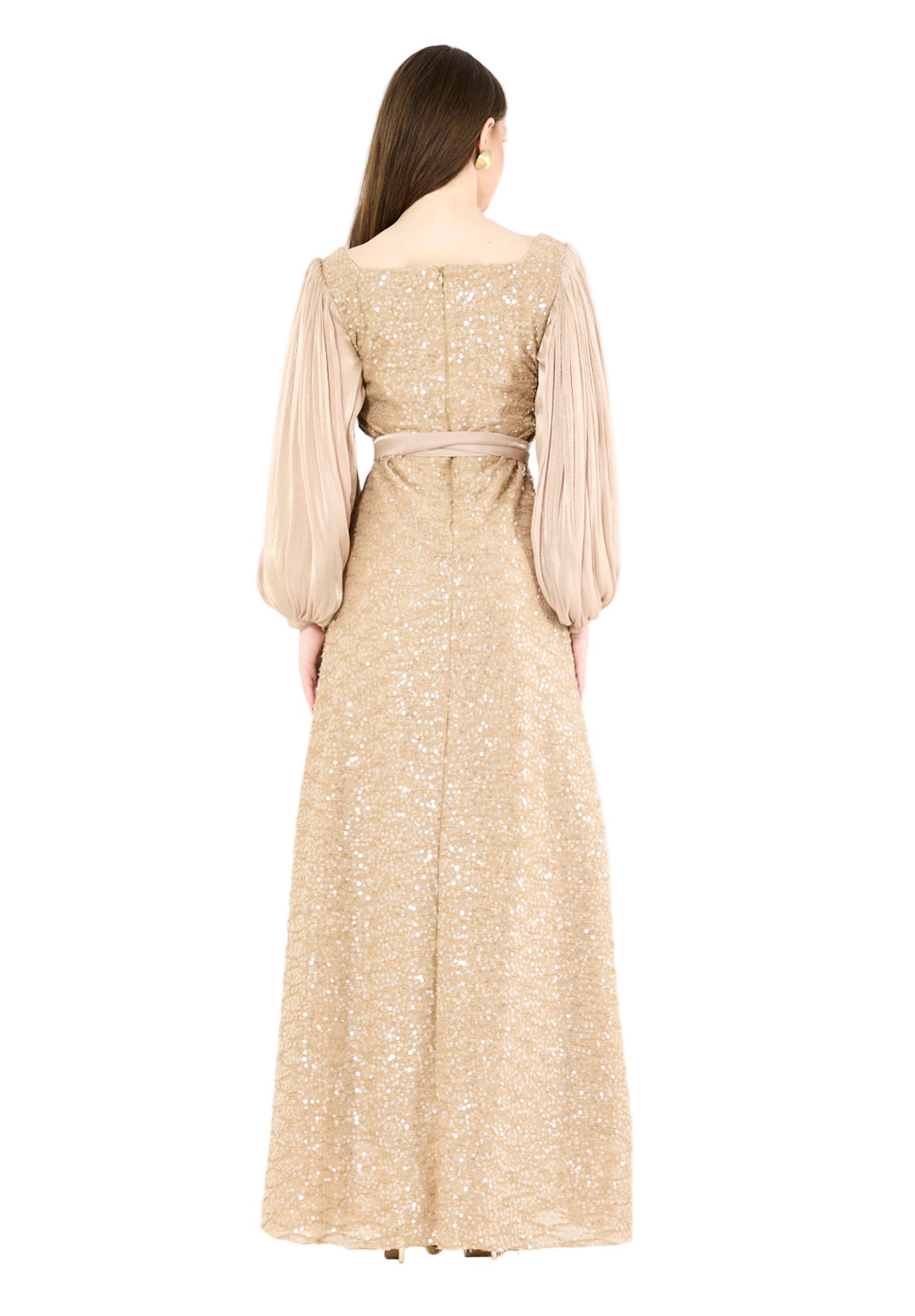 Shimmer Sequin Gown with Pleated Organza Sleeves
