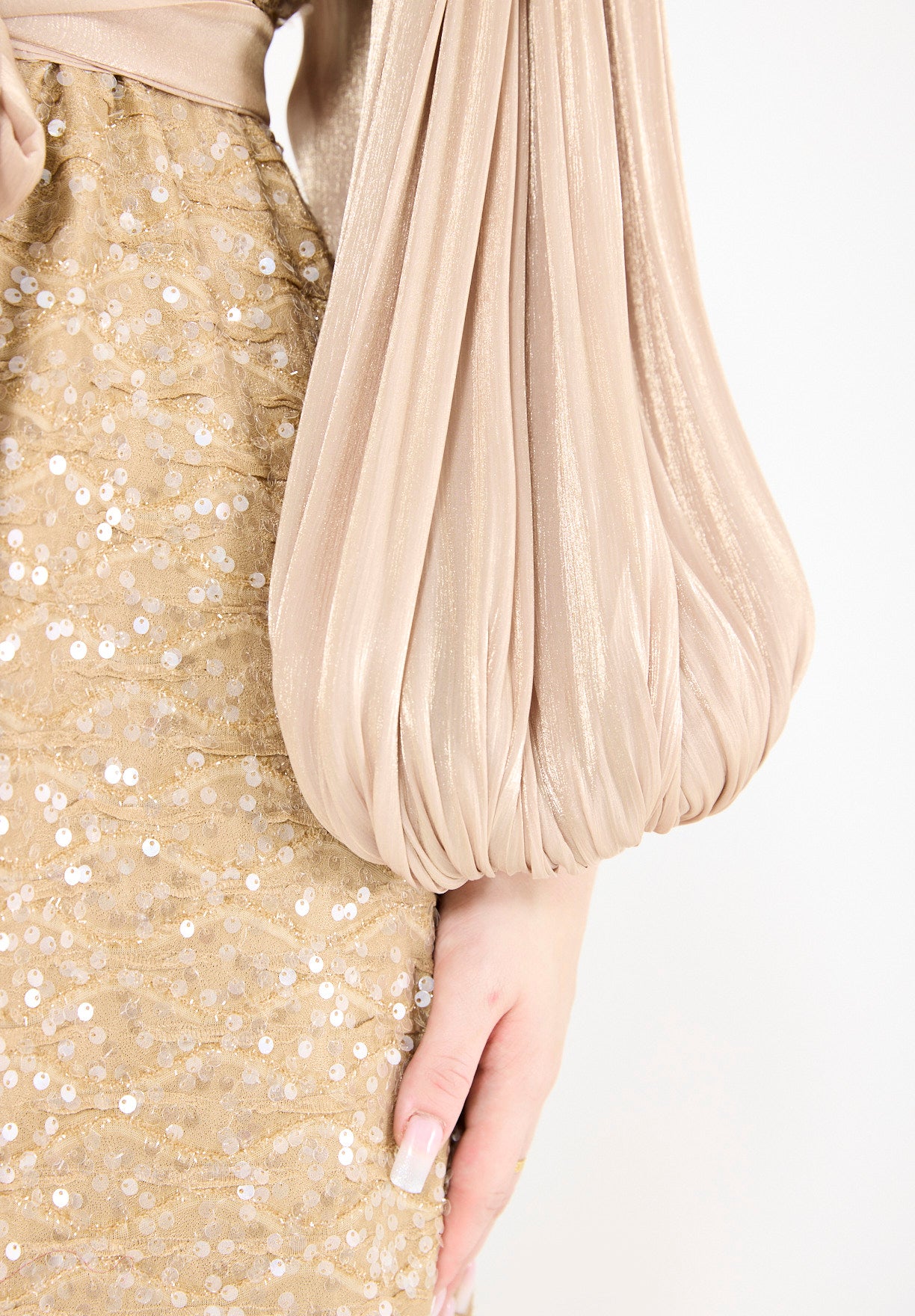 Shimmer Sequin Gown with Pleated Organza Sleeves
