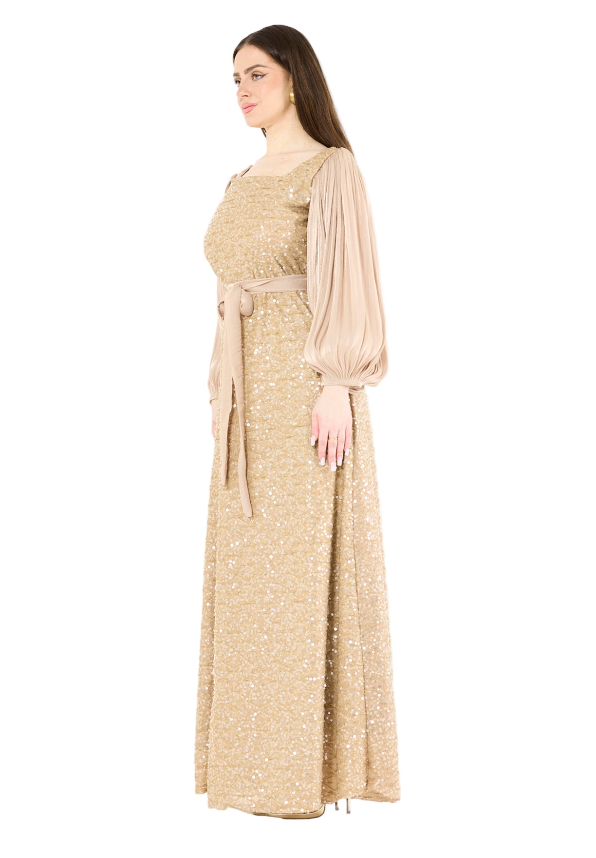 Shimmer Sequin Gown with Pleated Organza Sleeves