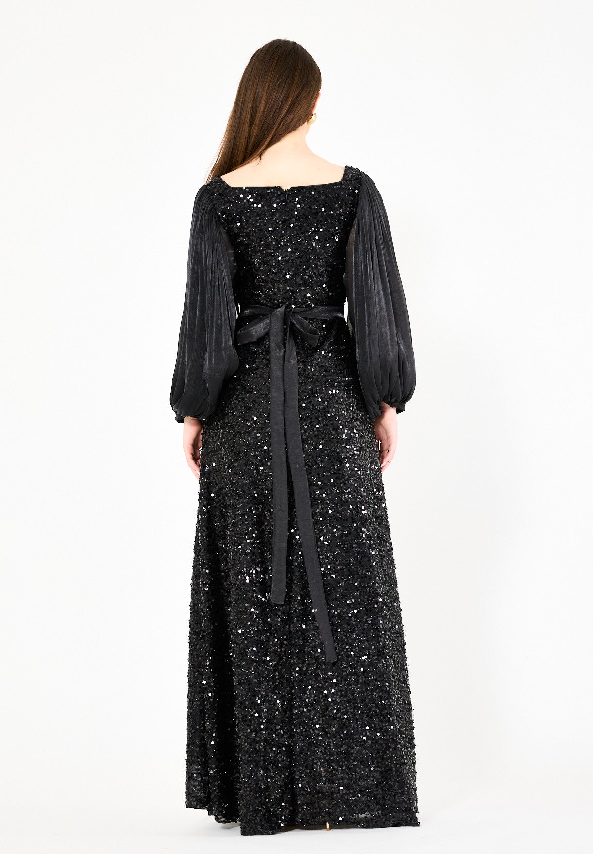 Shimmer Sequin Gown with Pleated Organza Sleeves
