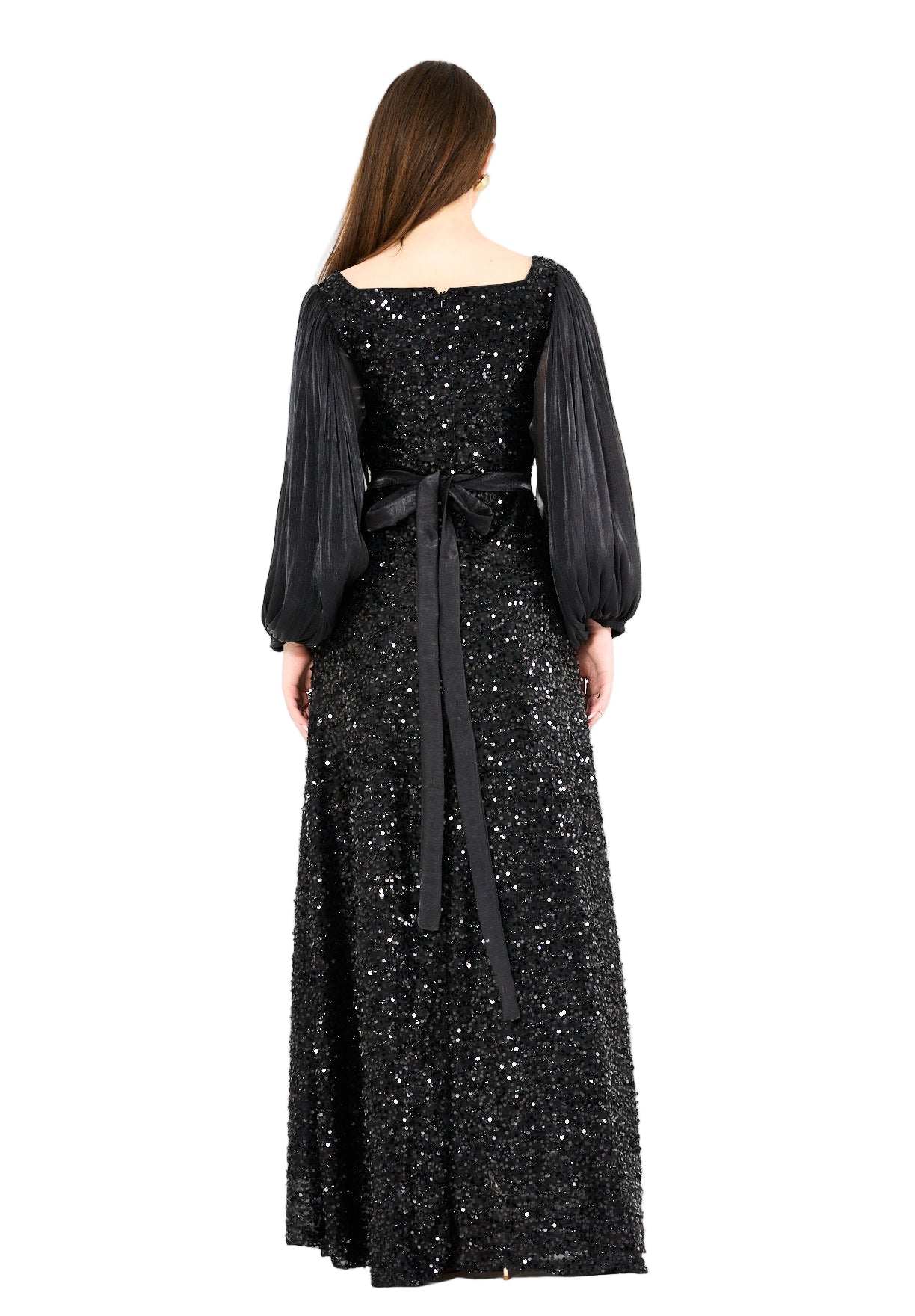 Shimmer Sequin Gown with Pleated Organza Sleeves
