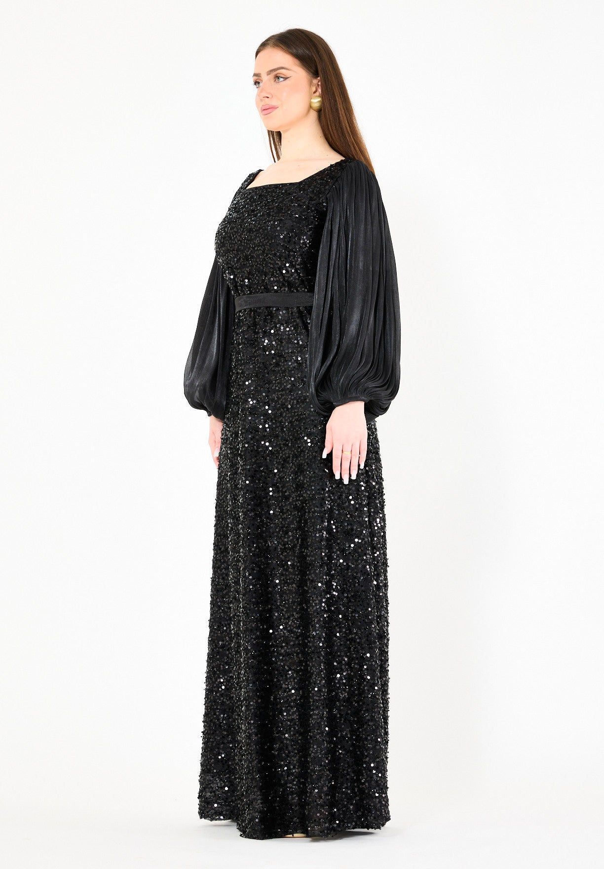 Shimmer Sequin Gown with Pleated Organza Sleeves