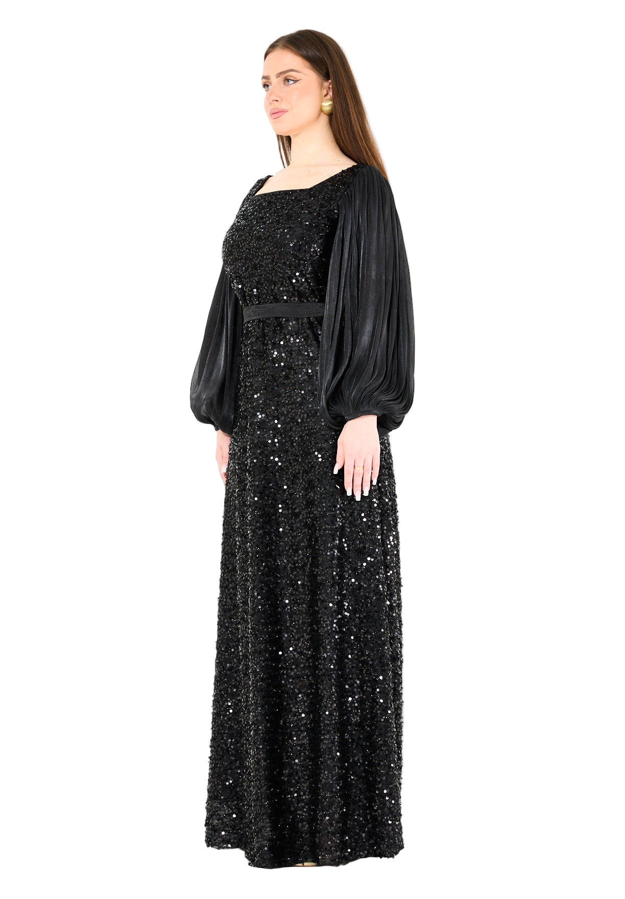 Shimmer Sequin Gown with Pleated Organza Sleeves