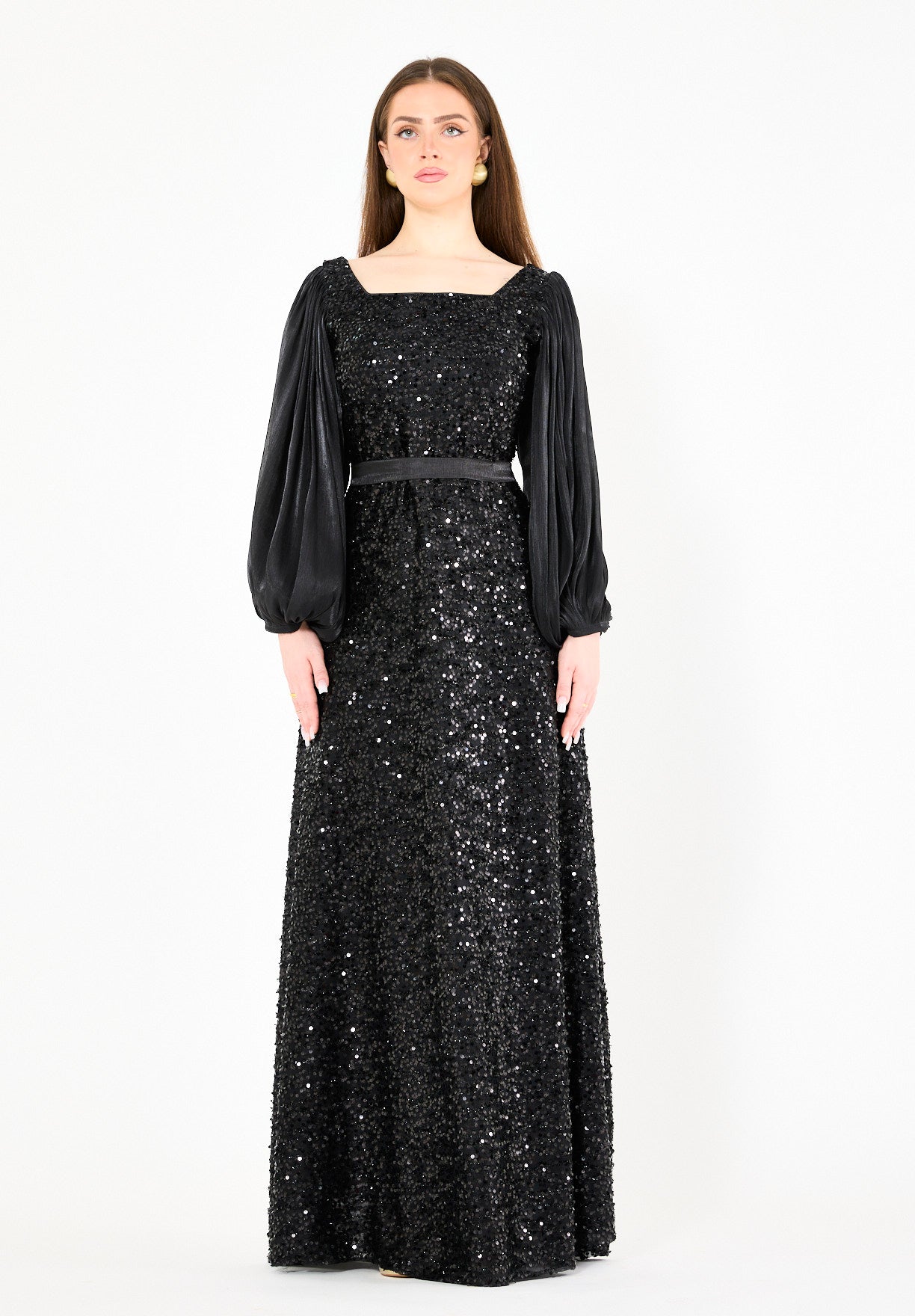 Shimmer Sequin Gown with Pleated Organza Sleeves