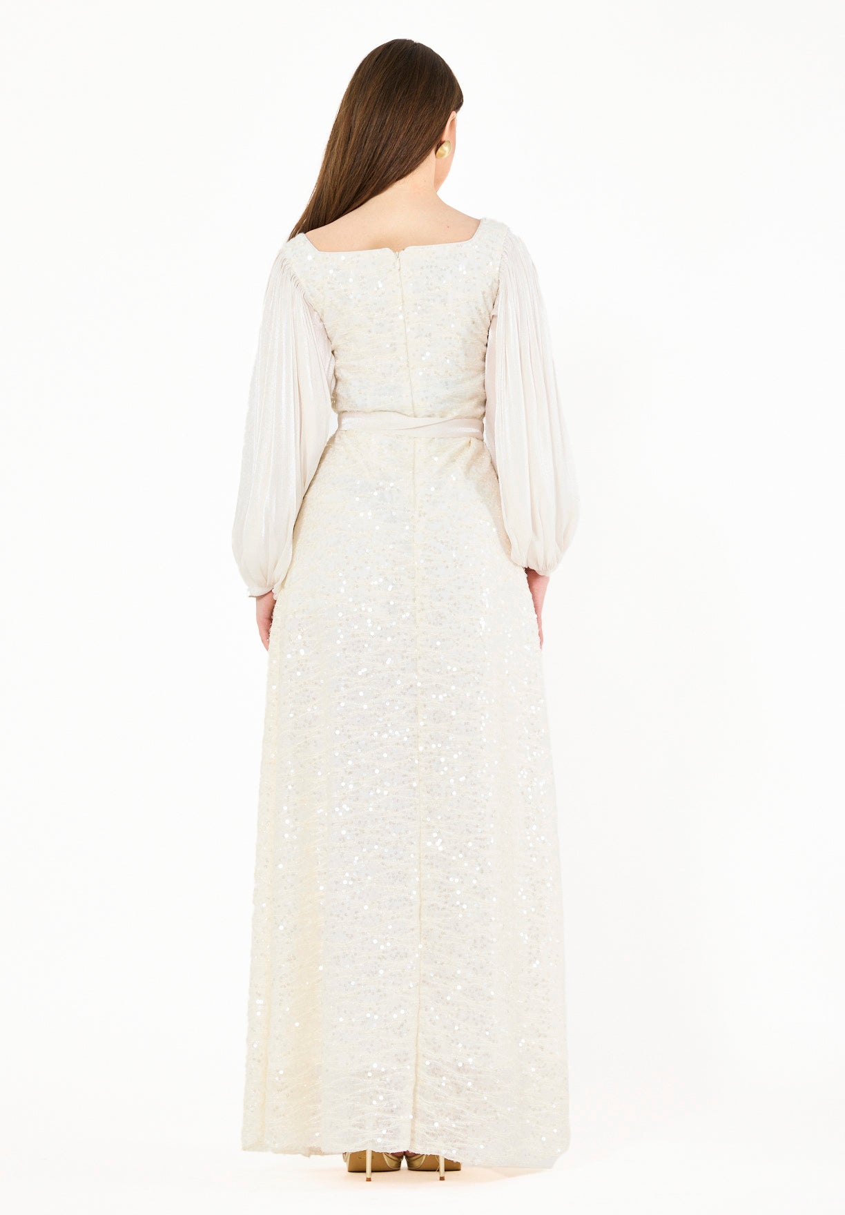 Shimmer Sequin Gown with Pleated Organza Sleeves
