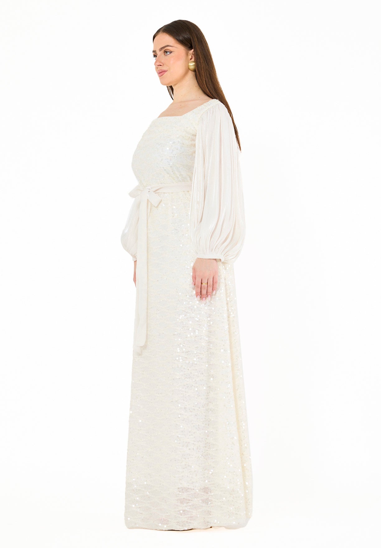 Shimmer Sequin Gown with Pleated Organza Sleeves