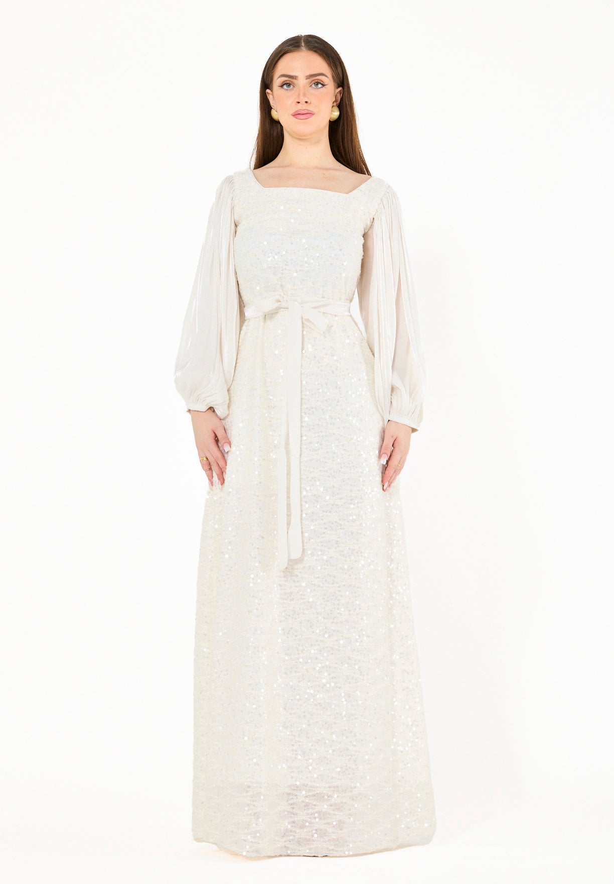 Shimmer Sequin Gown with Pleated Organza Sleeves