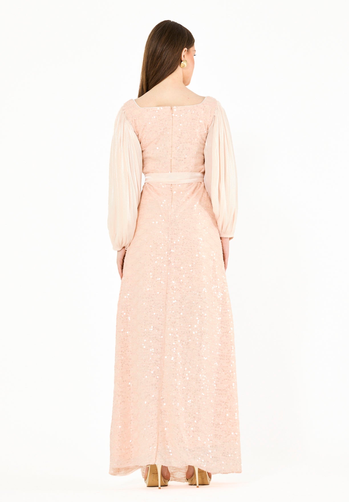 Shimmer Sequin Gown with Pleated Organza Sleeves