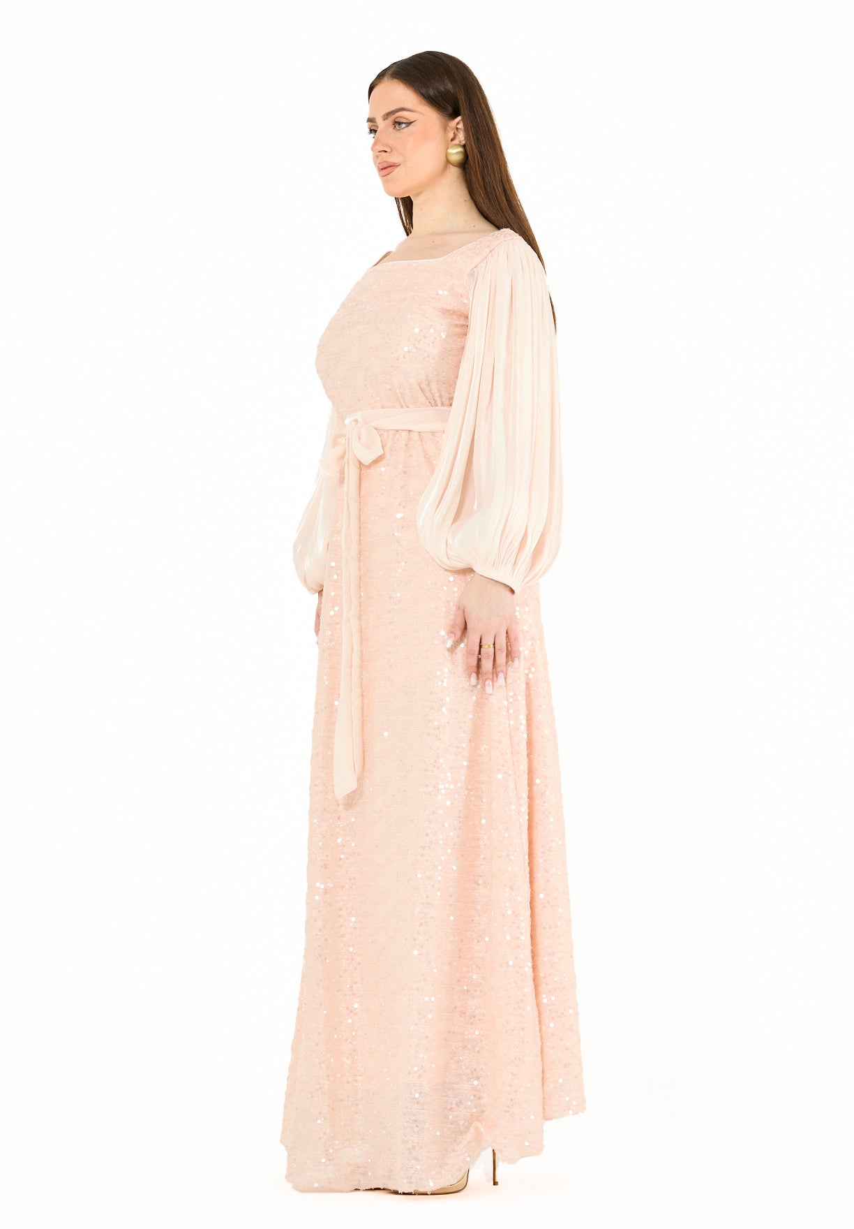 Shimmer Sequin Gown with Pleated Organza Sleeves