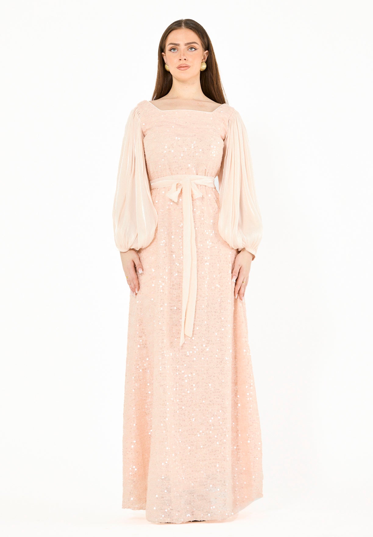 Shimmer Sequin Gown with Pleated Organza Sleeves