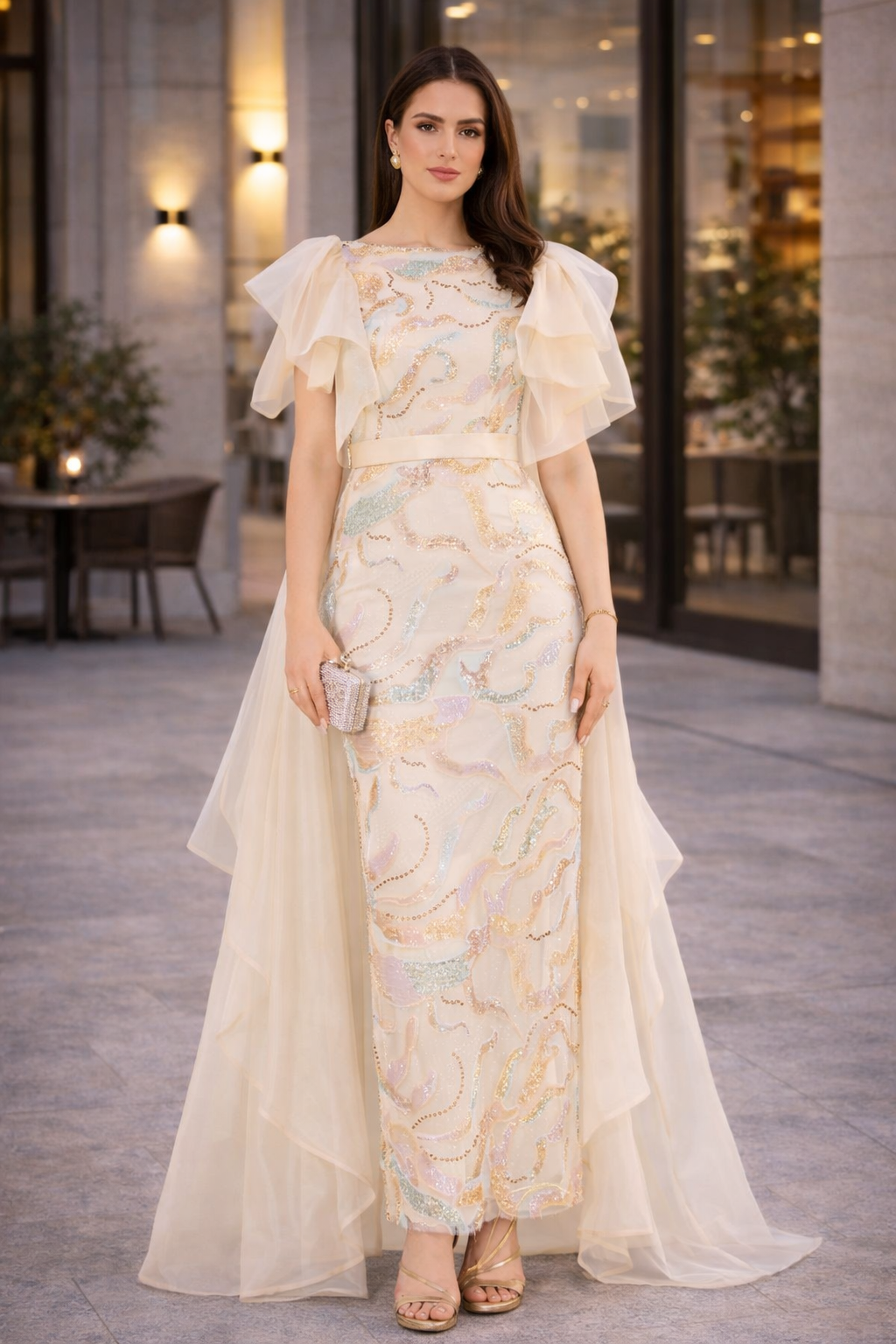 Embellished Tulle Overlay Gown with Layered Sleeves