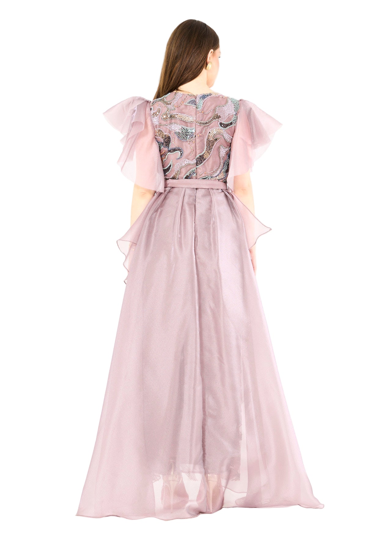 Embellished Tulle Overlay Gown with Layered Sleeves