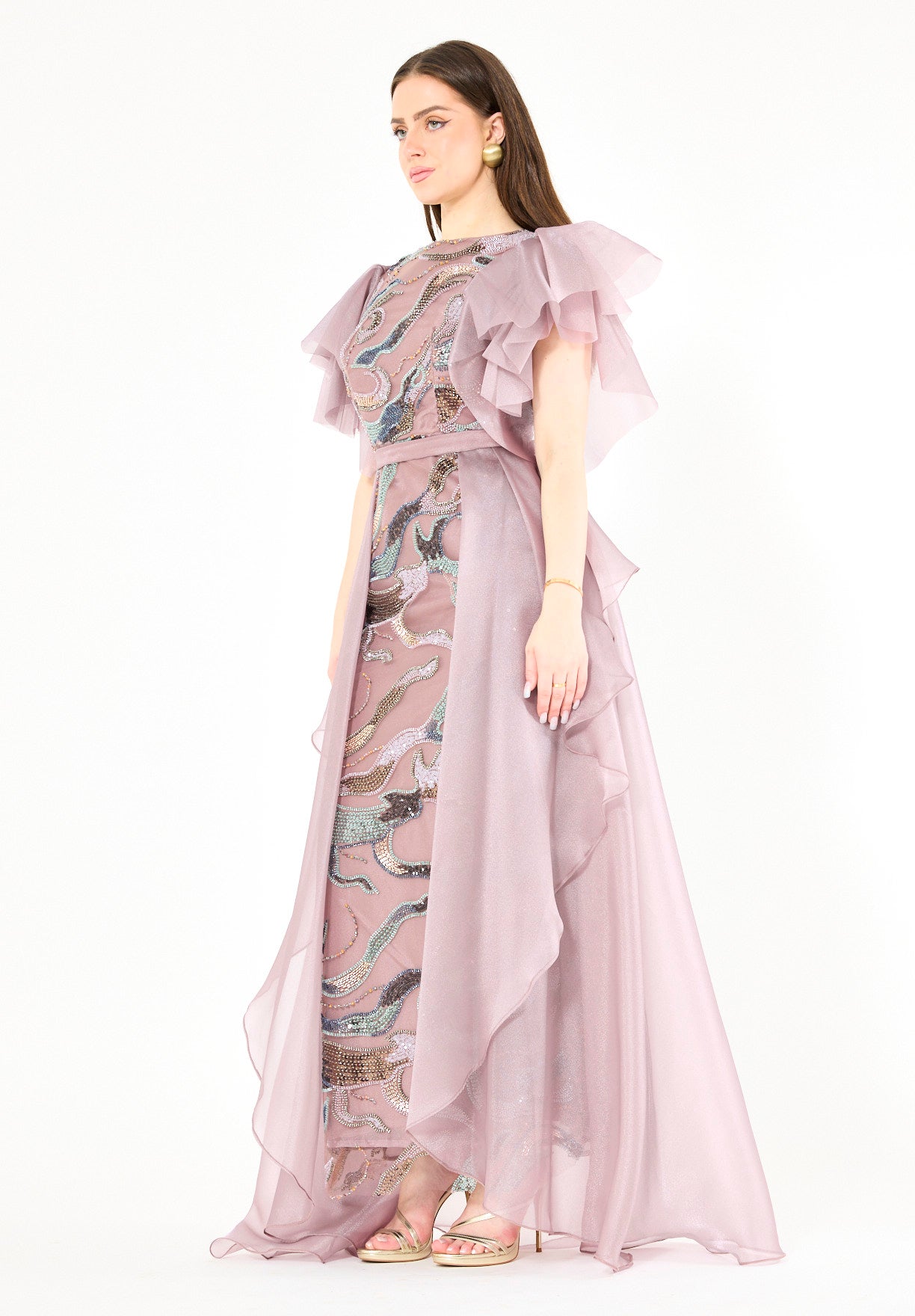 Embellished Tulle Overlay Gown with Layered Sleeves