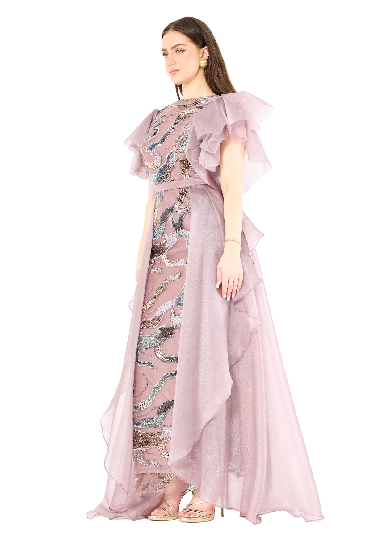 Embellished Tulle Overlay Gown with Layered Sleeves