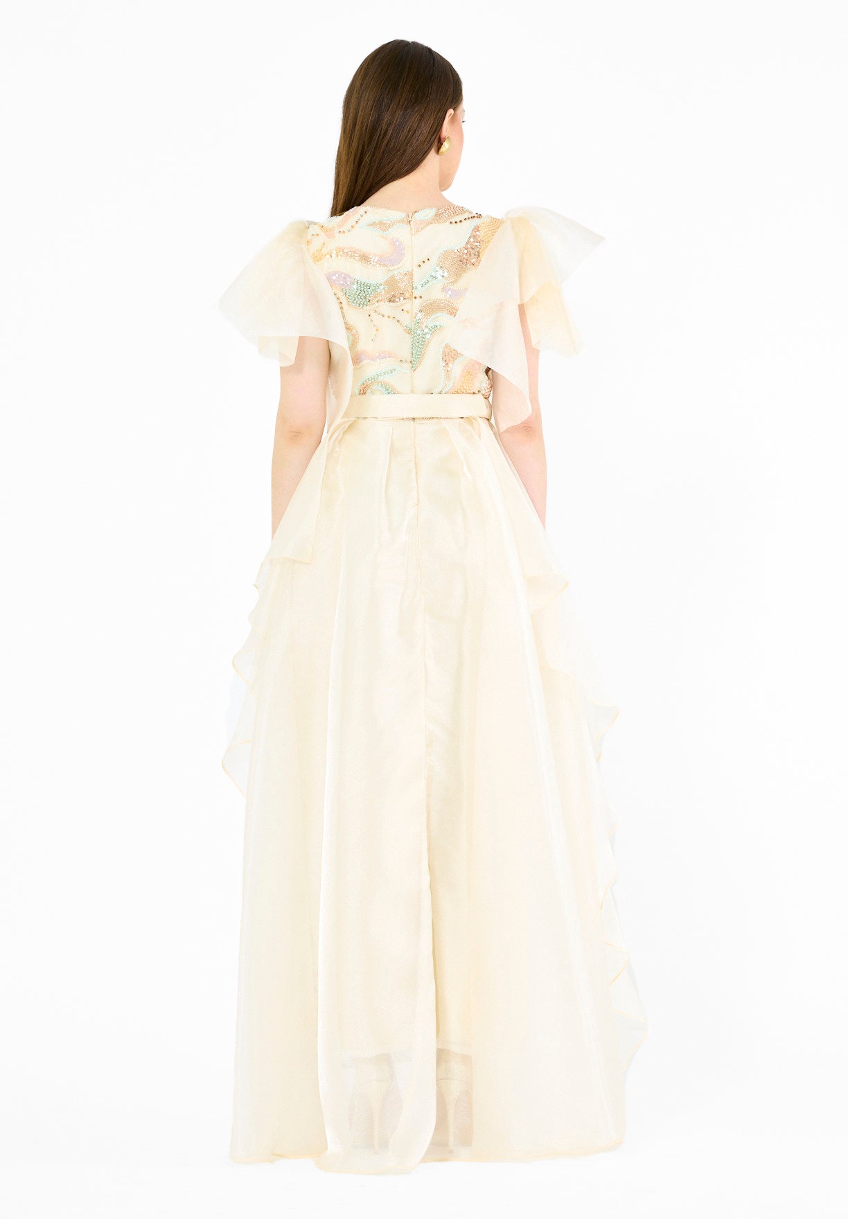 Embellished Tulle Overlay Gown with Layered Sleeves