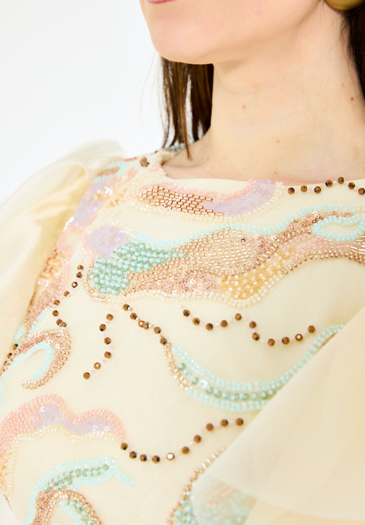 Embellished Tulle Overlay Gown with Layered Sleeves