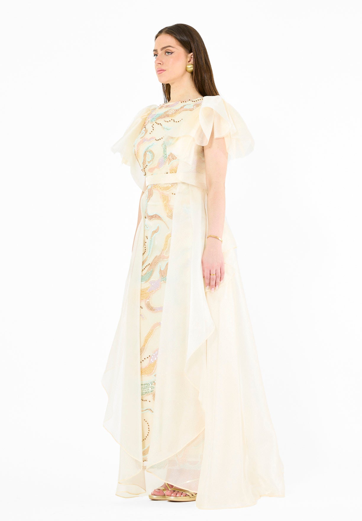 Embellished Tulle Overlay Gown with Layered Sleeves
