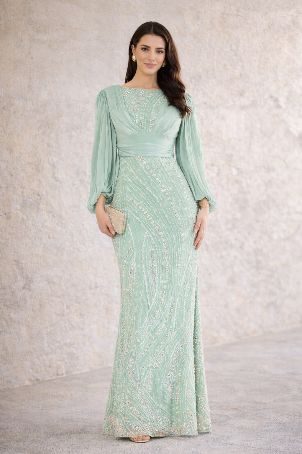 Embellished Fitted Gown with Organza Drape