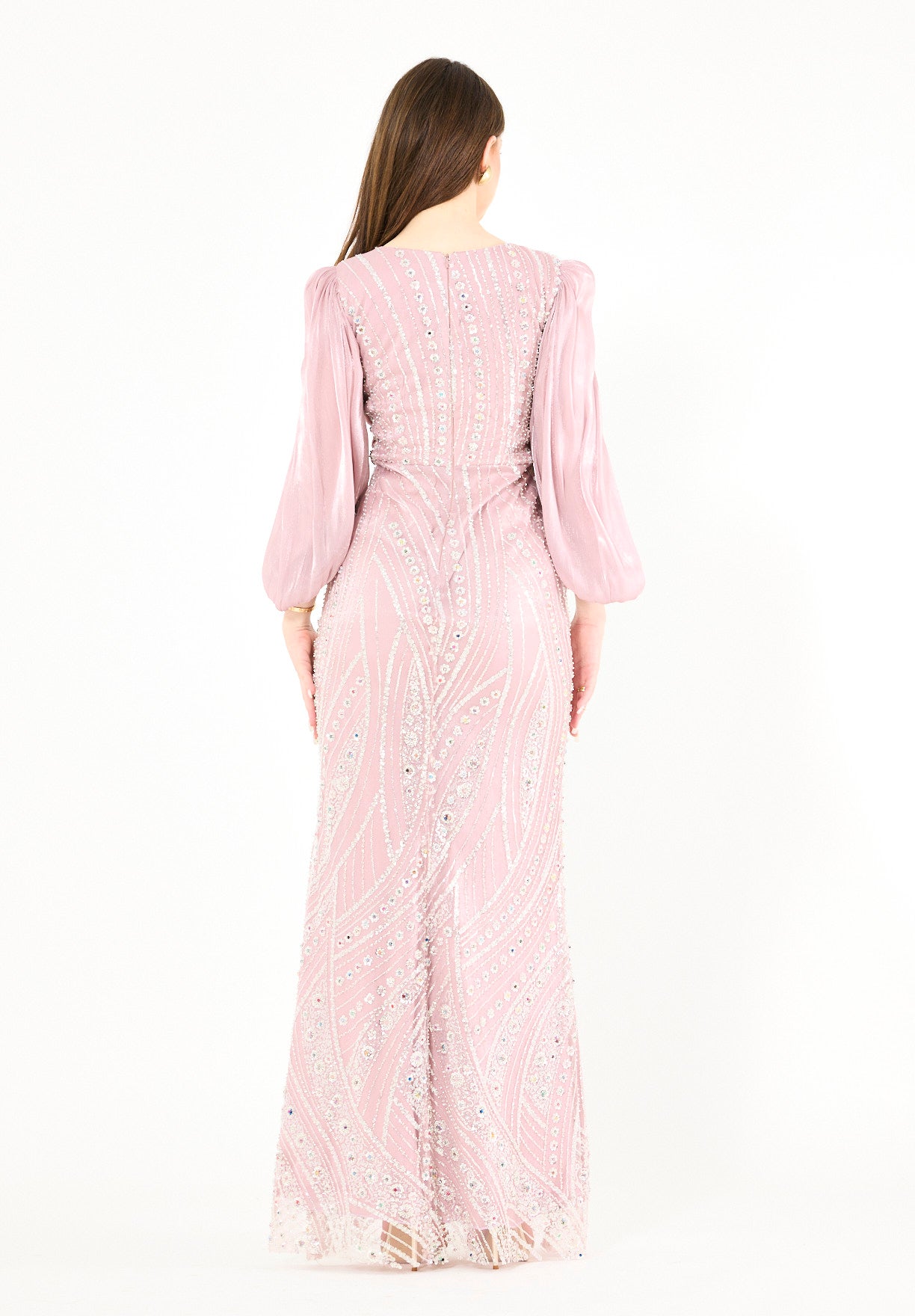 Embellished Fitted Gown with Organza Drape