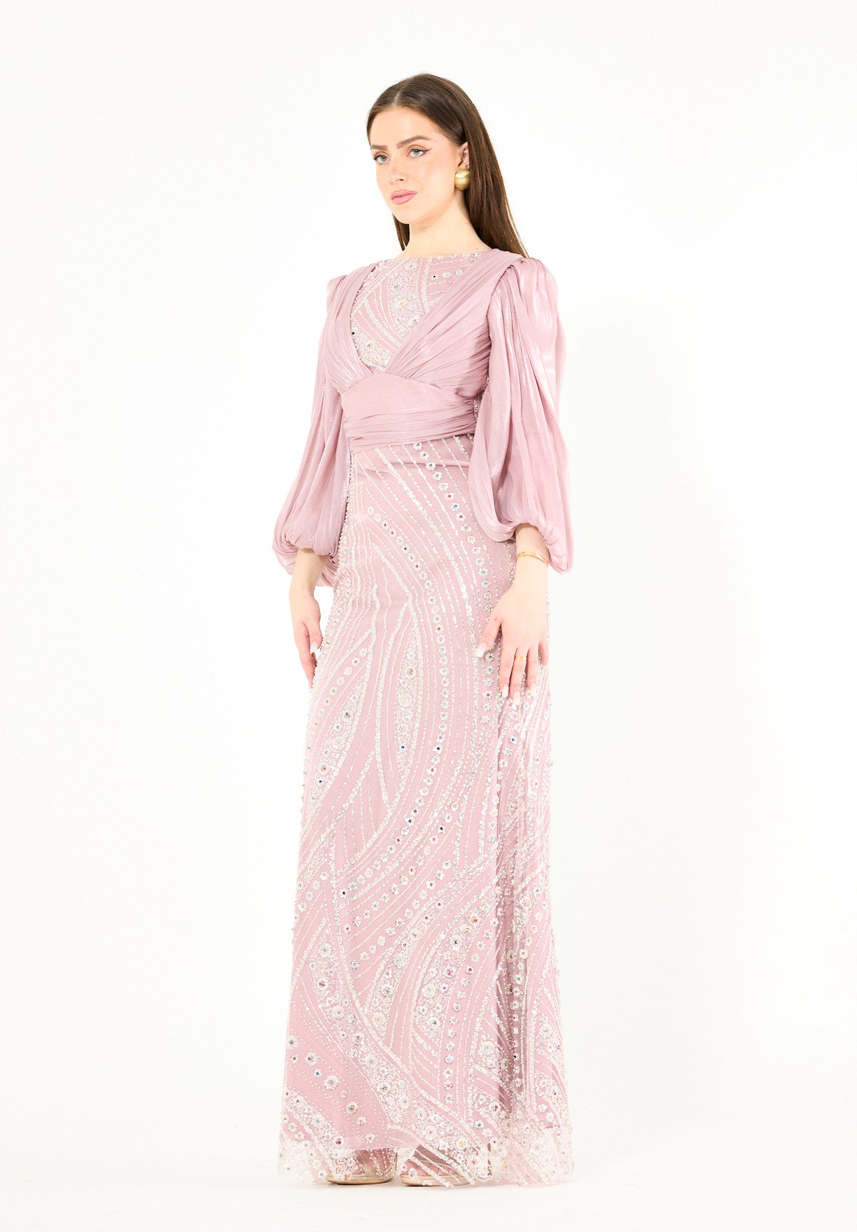 Embellished Fitted Gown with Organza Drape