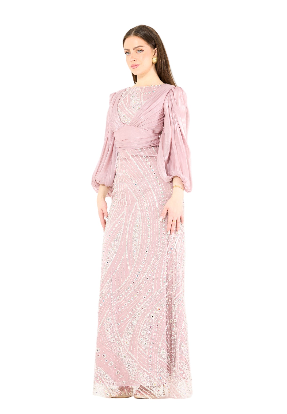 Embellished Fitted Gown with Organza Drape