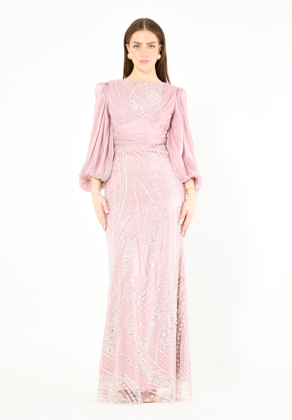 Embellished Fitted Gown with Organza Drape