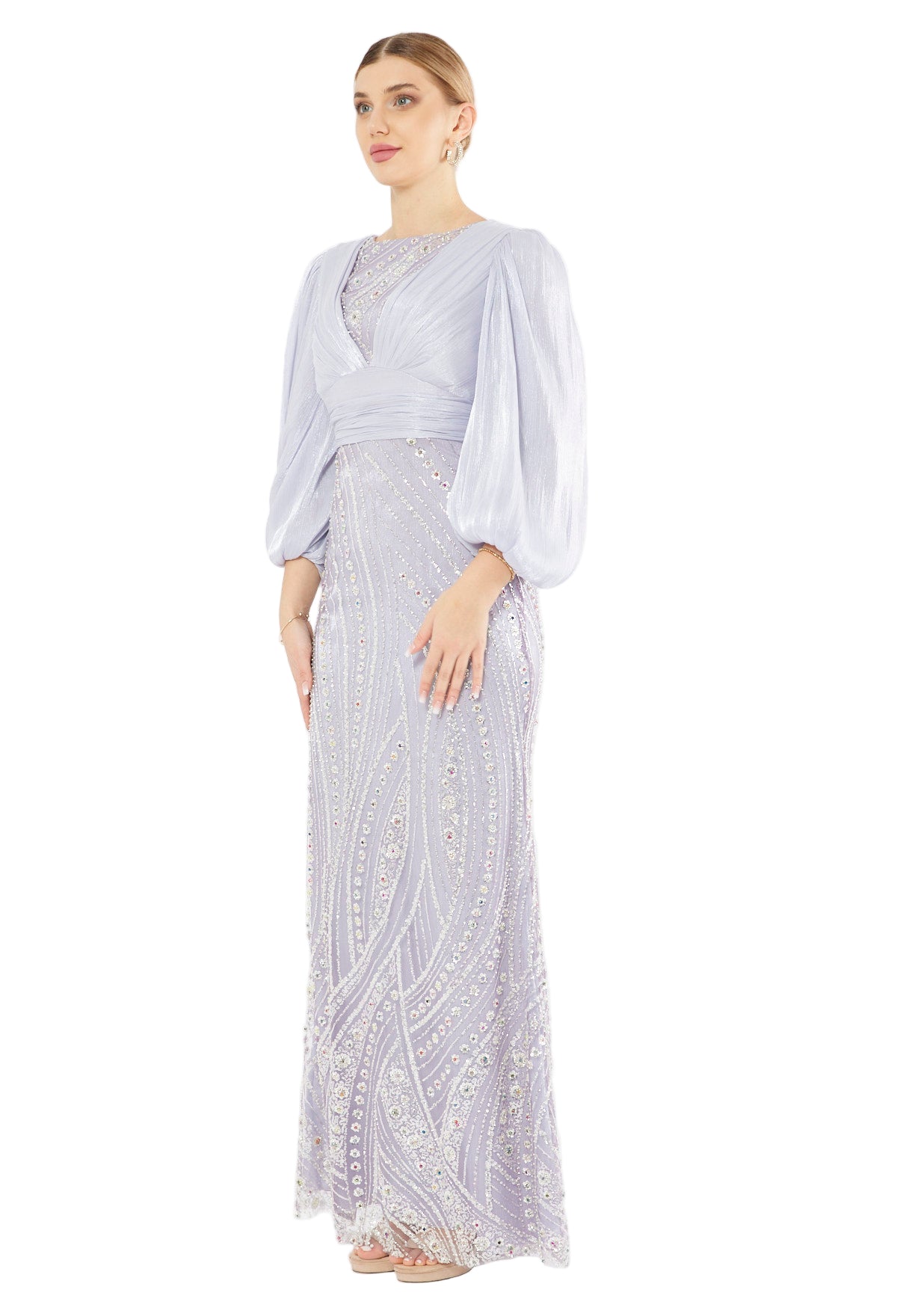 Embellished Fitted Gown with Organza Drape