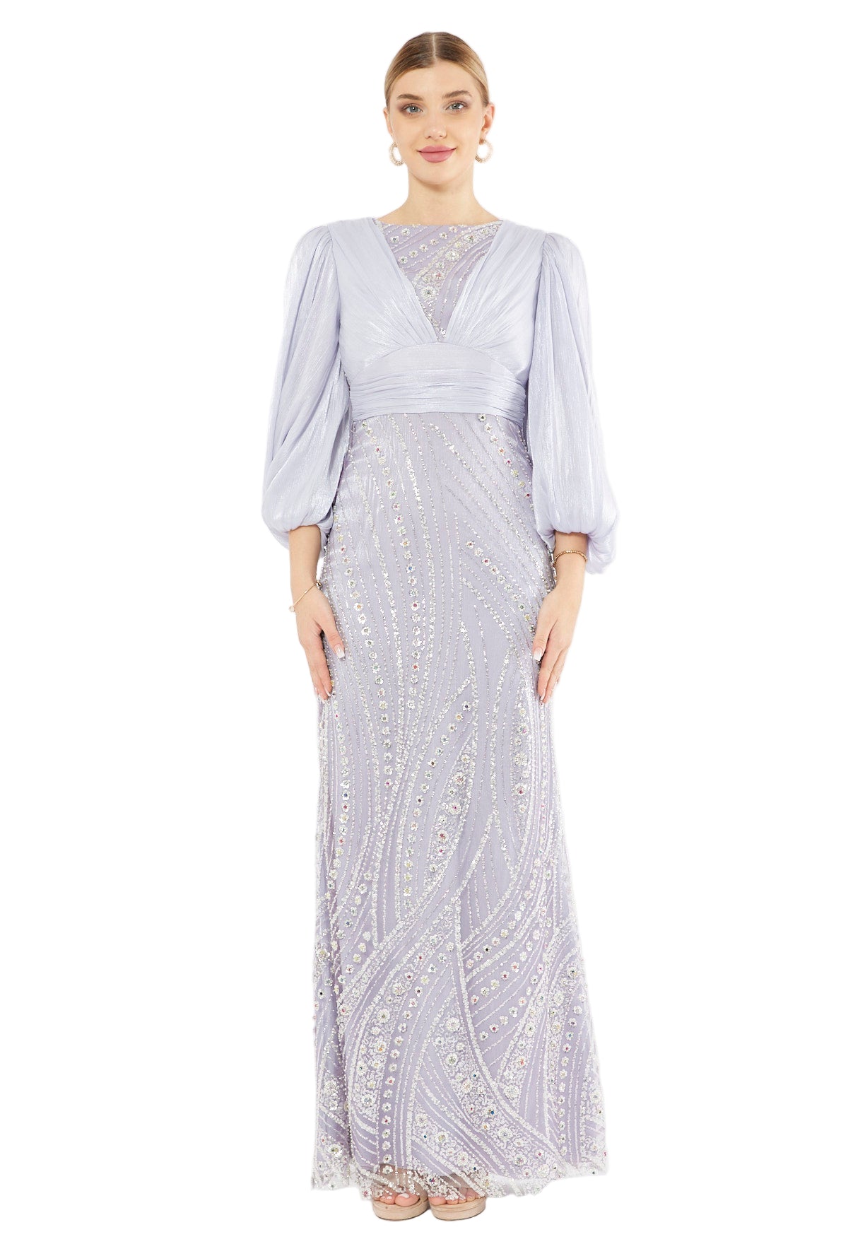 Embellished Fitted Gown with Organza Drape