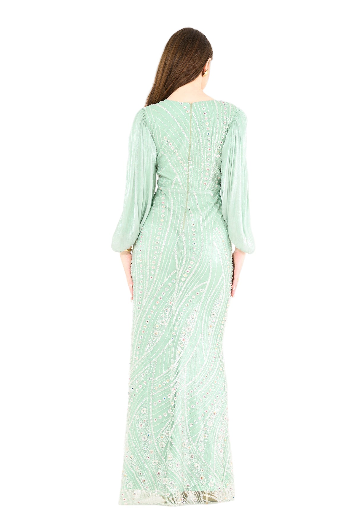 Embellished Fitted Gown with Organza Drape