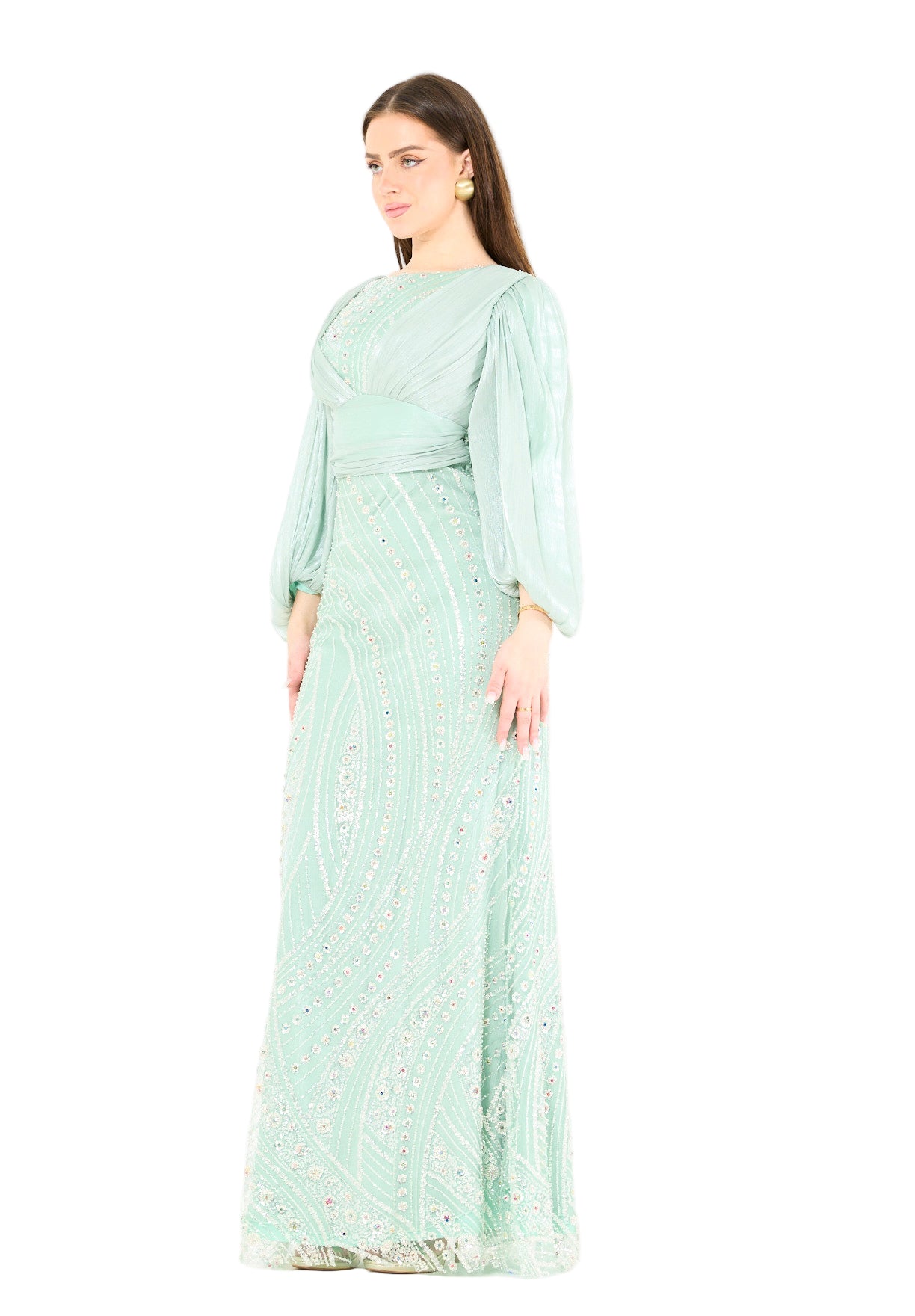 Embellished Fitted Gown with Organza Drape