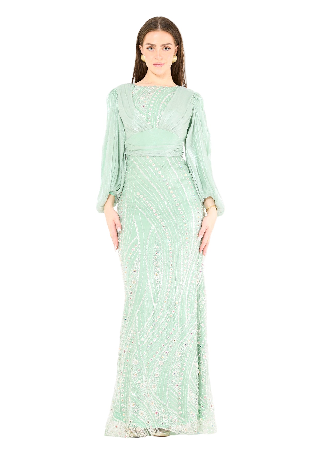 Embellished Fitted Gown with Organza Drape