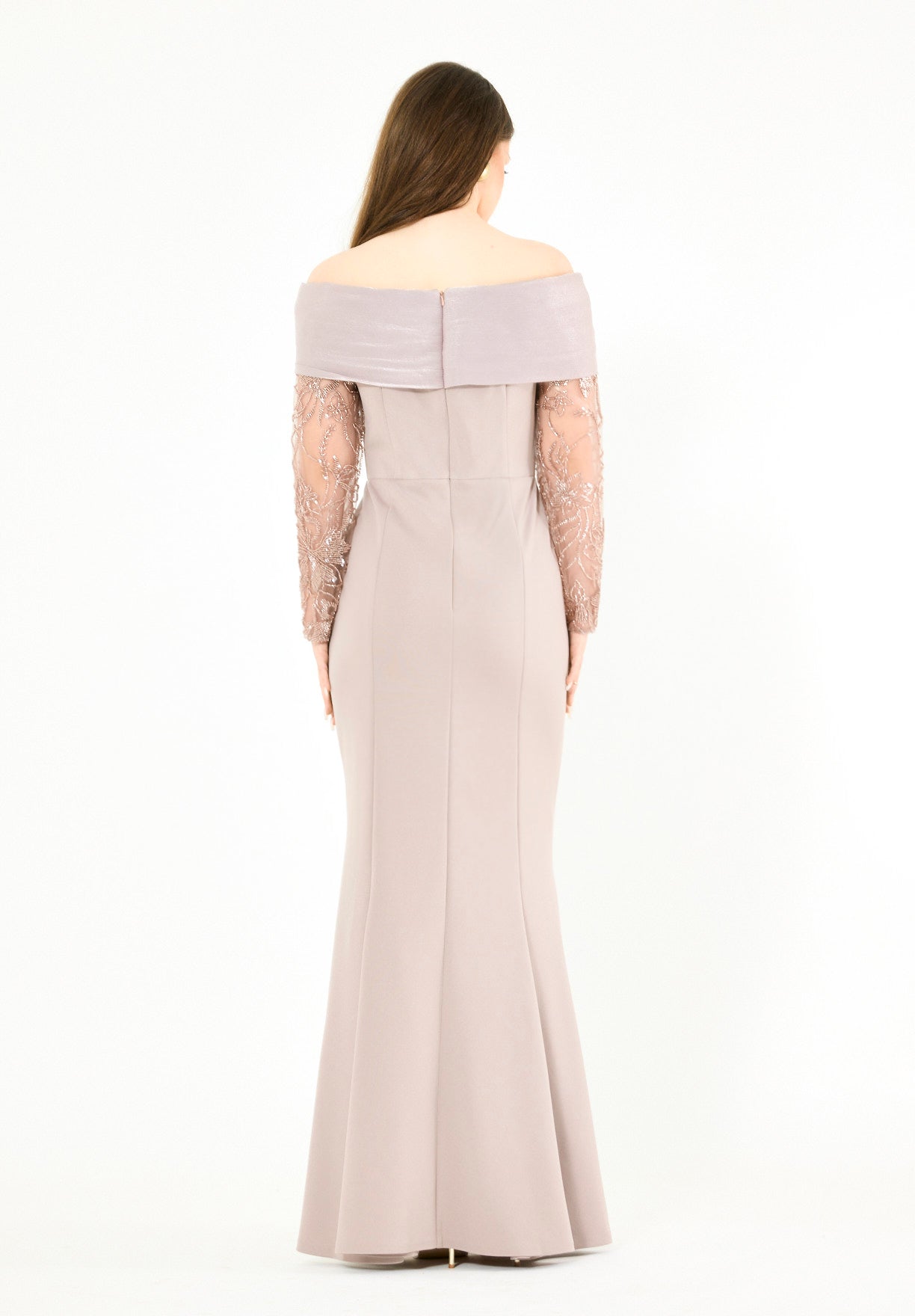 Off-Shoulder with Sheer Embellished Sleeves