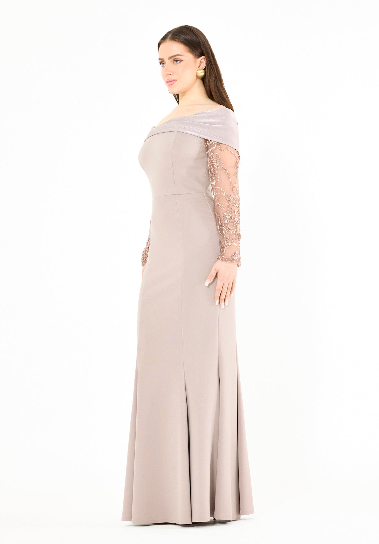 Off-Shoulder with Sheer Embellished Sleeves