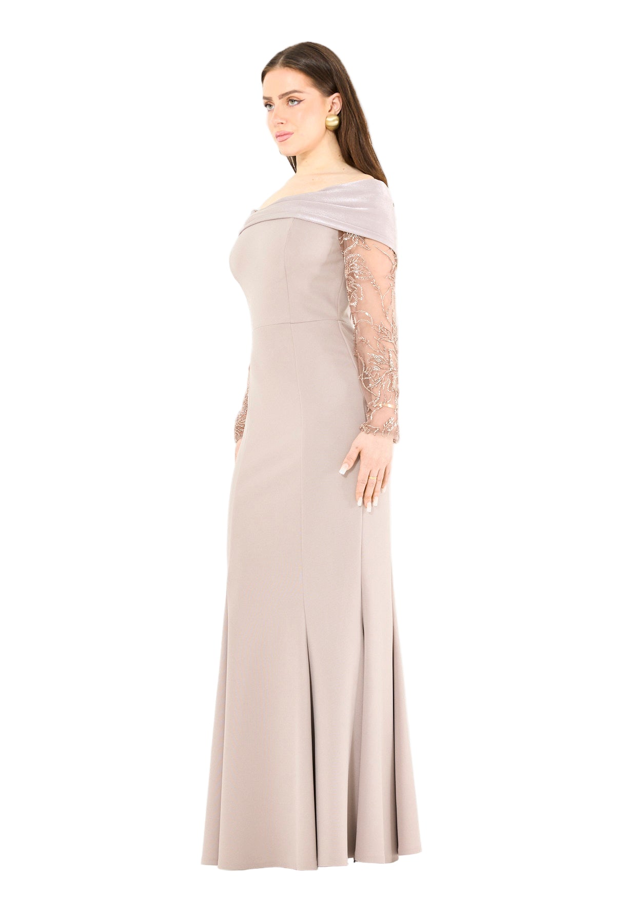 Off-Shoulder with Sheer Embellished Sleeves