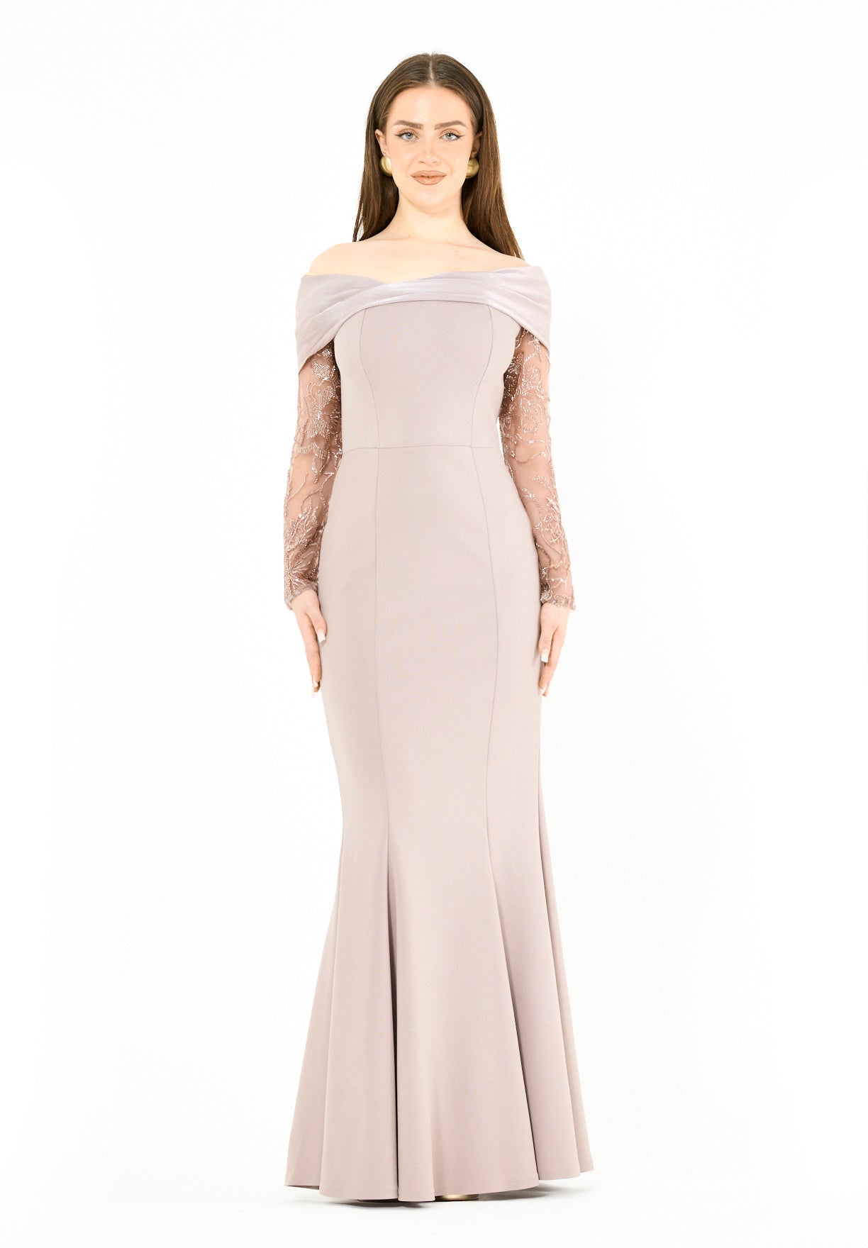 Off-Shoulder with Sheer Embellished Sleeves