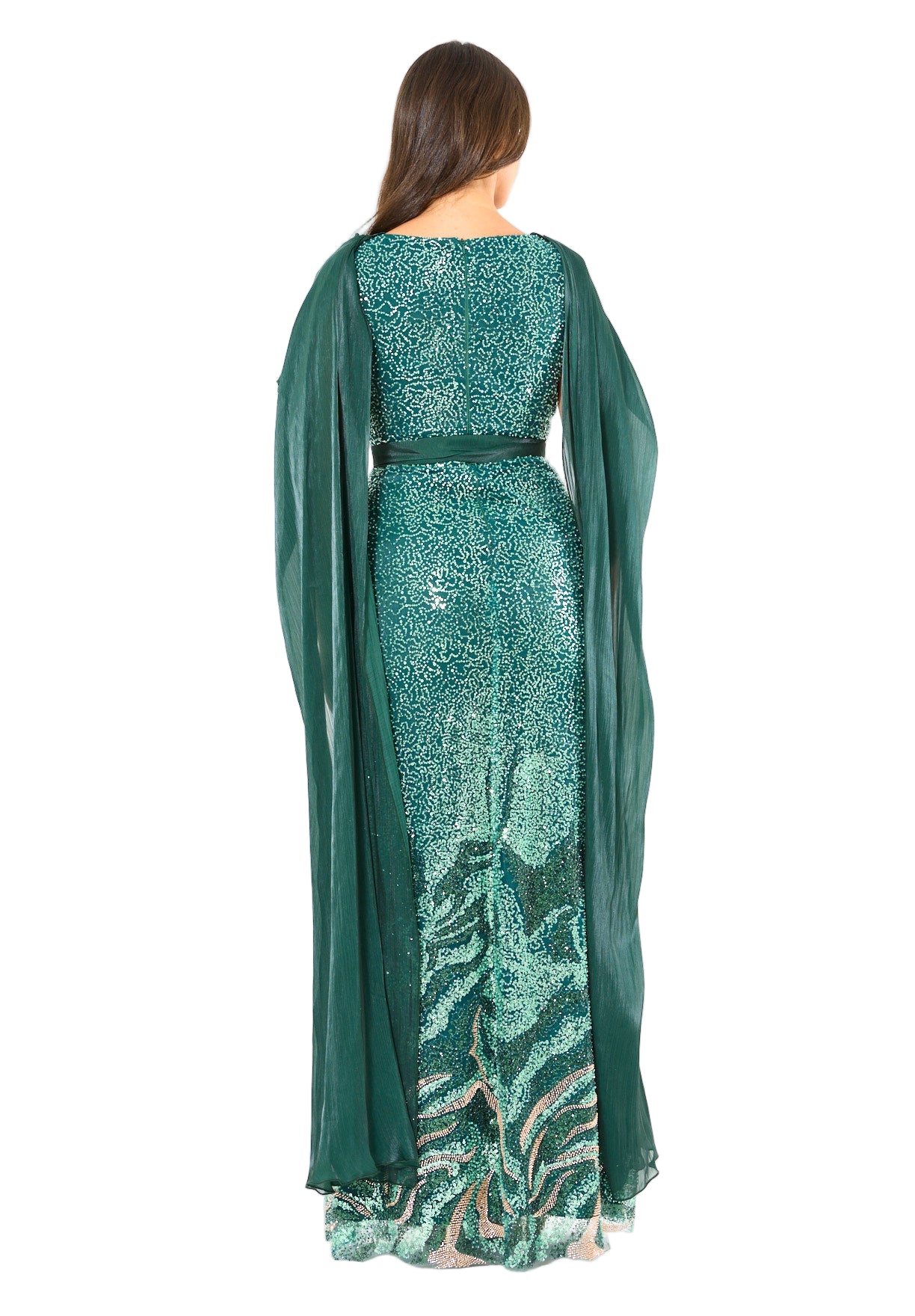 Coral Ombre Sequin Gown with Organza Cape Overlay