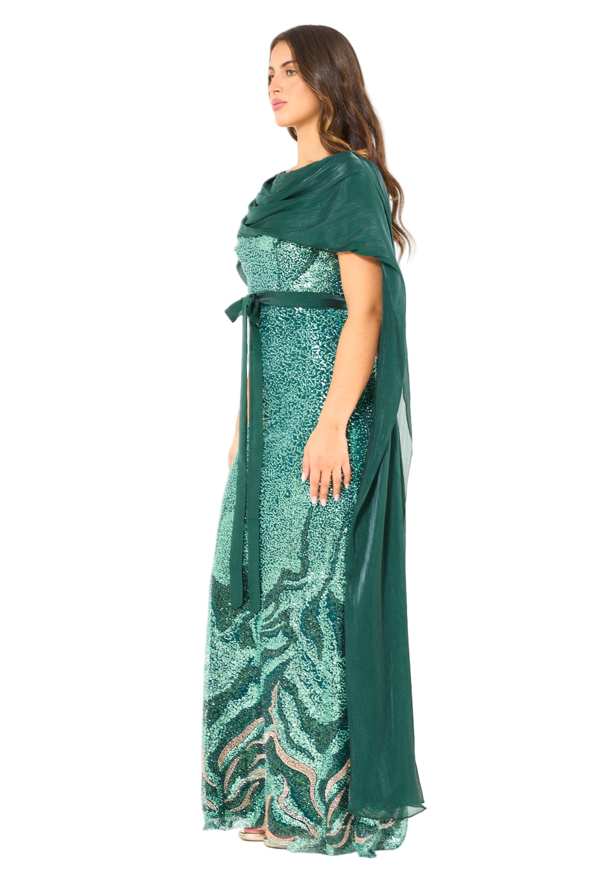 Coral Ombre Sequin Gown with Organza Cape Overlay