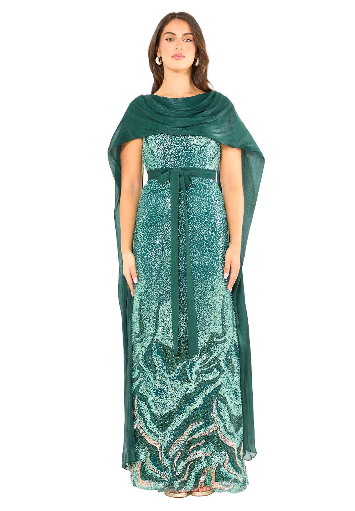 Coral Ombre Sequin Gown with Organza Cape Overlay