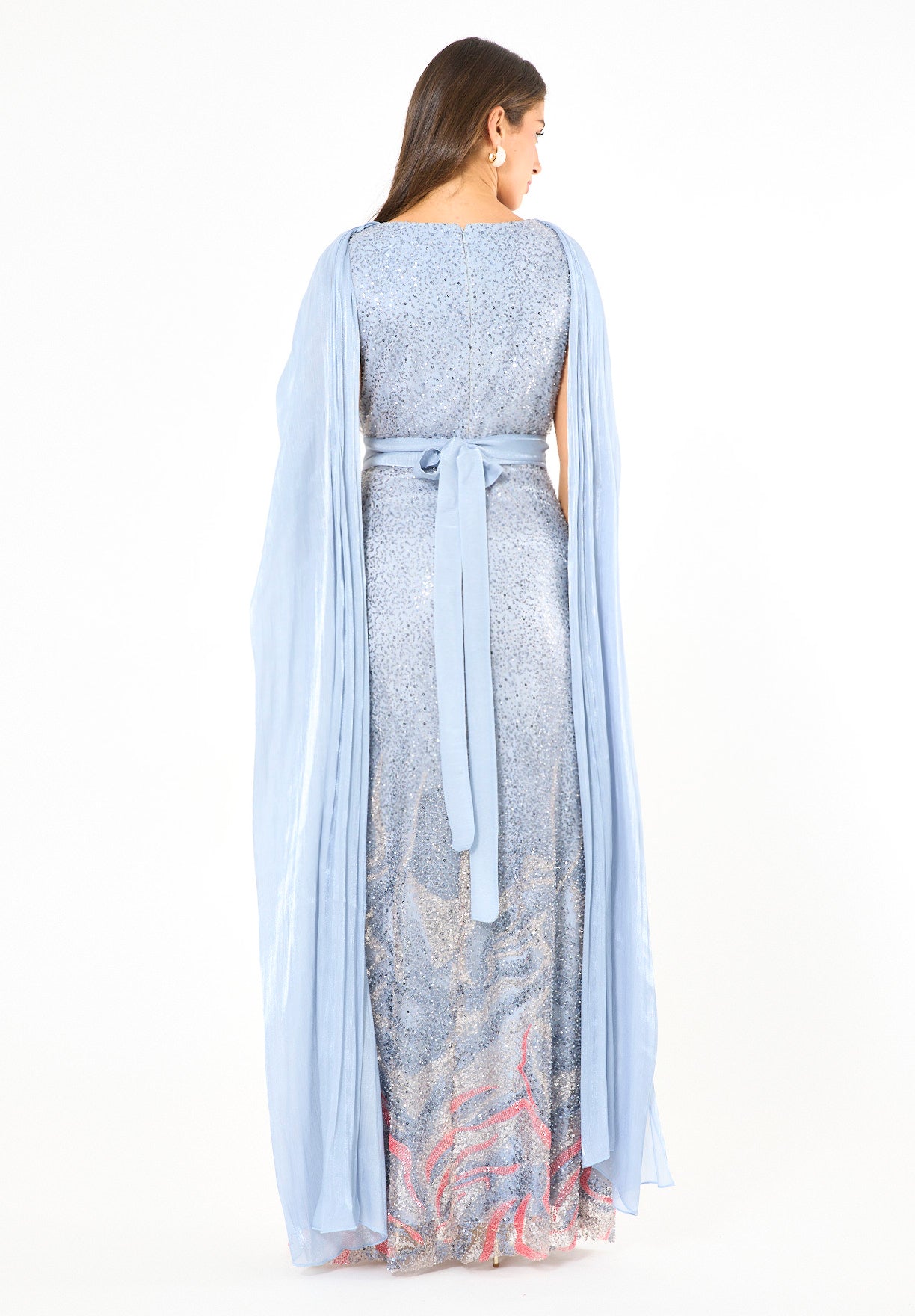 Coral Ombre Sequin Gown with Organza Cape Overlay