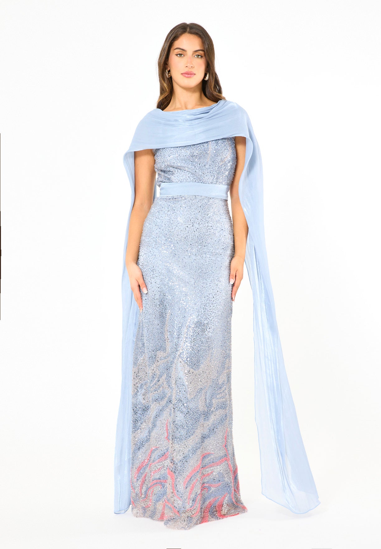 Coral Ombre Sequin Gown with Organza Cape Overlay