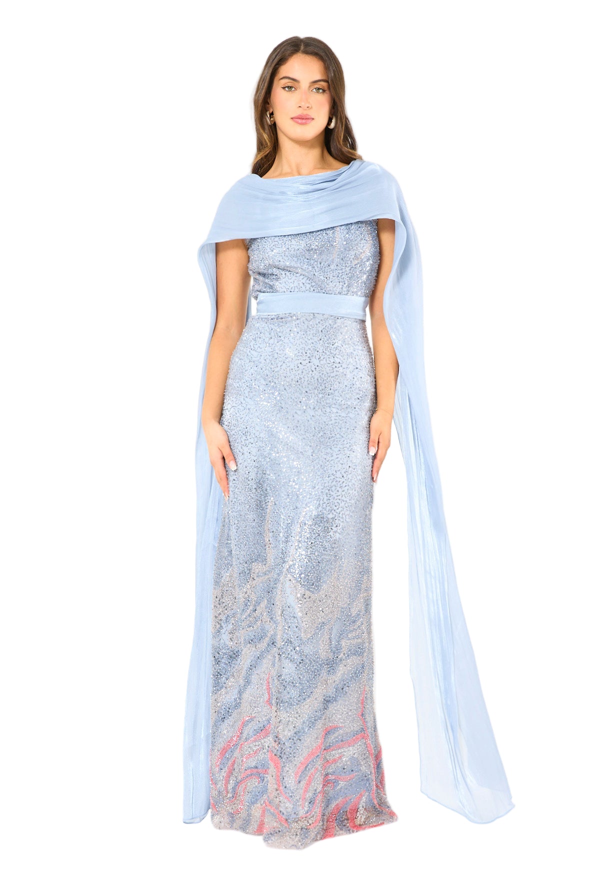 Coral Ombre Sequin Gown with Organza Cape Overlay