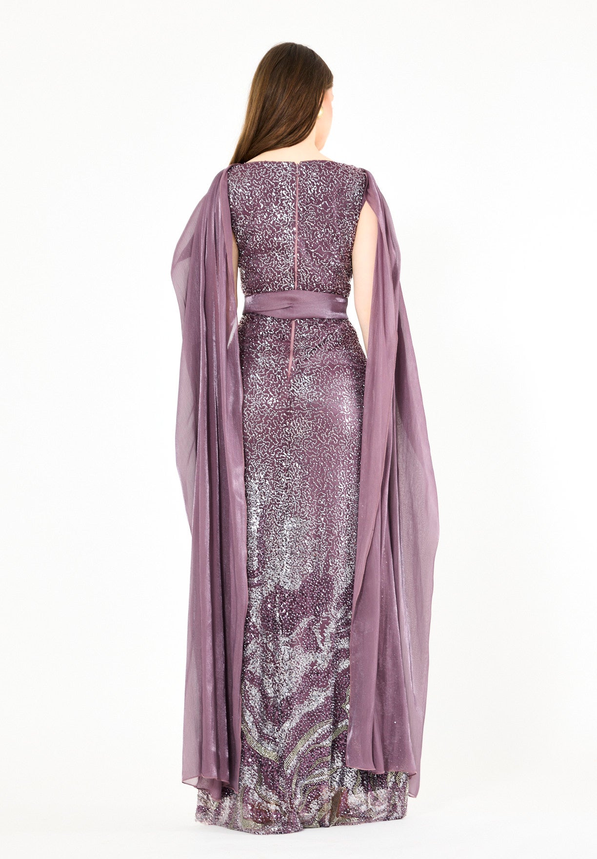 Coral Ombre Sequin Gown with Organza Cape Overlay