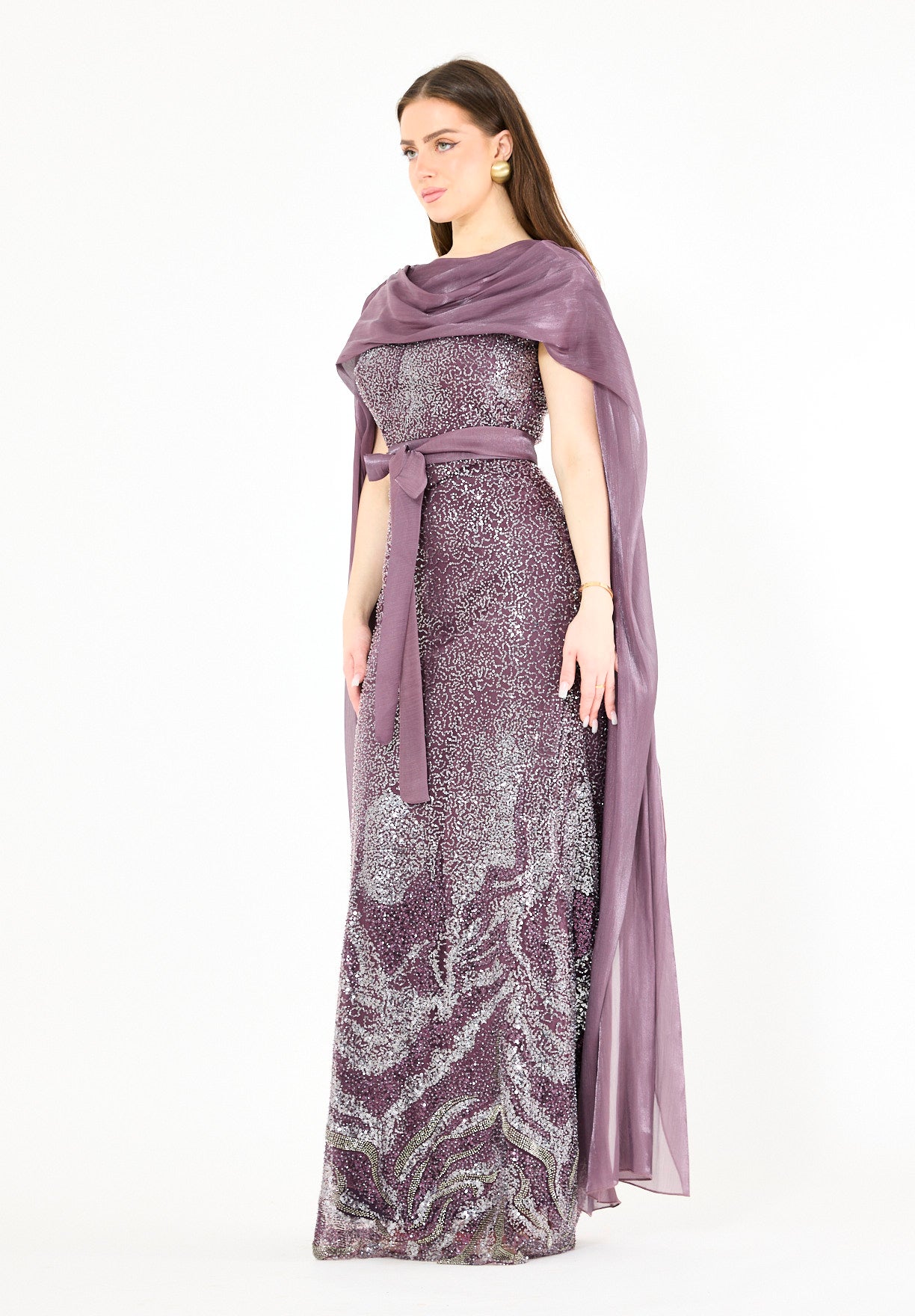 Coral Ombre Sequin Gown with Organza Cape Overlay