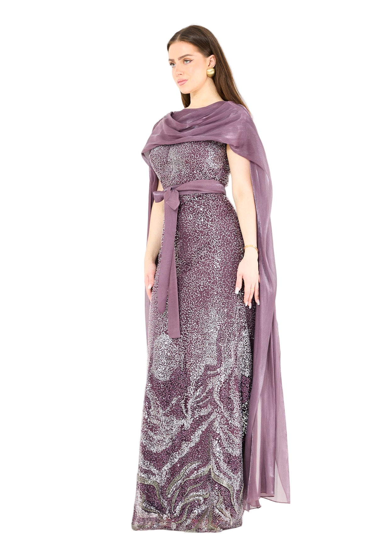 Coral Ombre Sequin Gown with Organza Cape Overlay