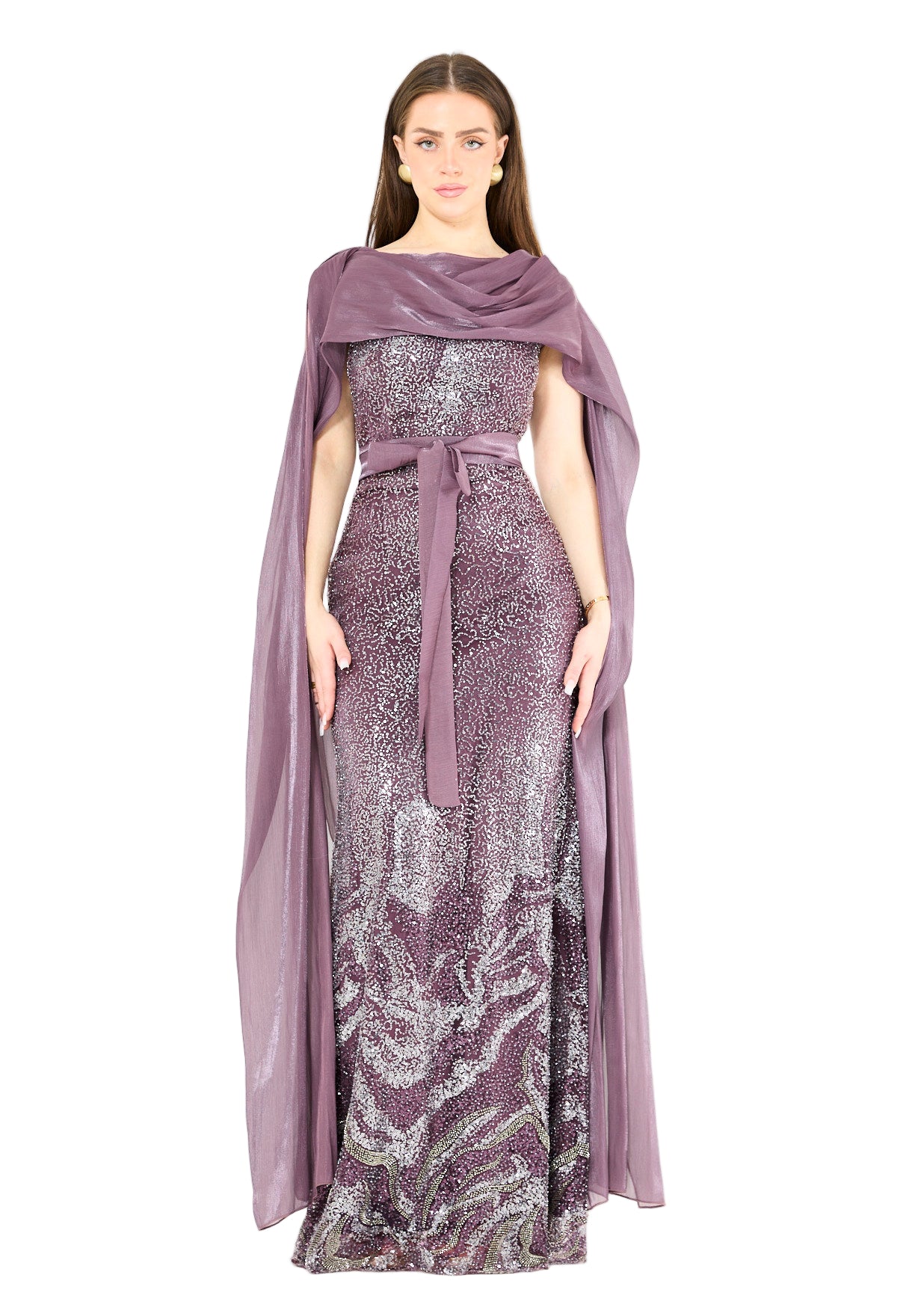 Coral Ombre Sequin Gown with Organza Cape Overlay