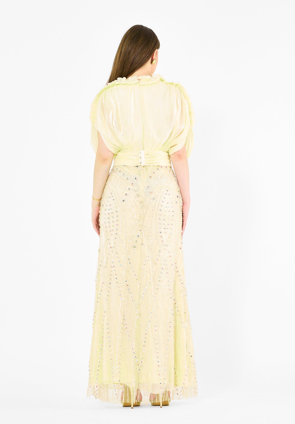 Embellished Blouson Gown with Dramatic Drape